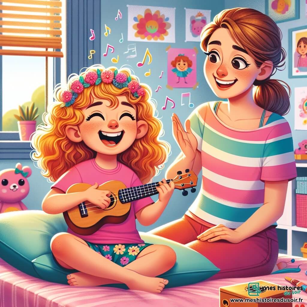 Clara, une fille de 8 ans aux cheveux bouclés et dorés, est assise sur un coussin moelleux dans sa chambre, souriante et excitée. Elle porte un t-shirt rose et un short à fleurs, tenant un ukulélé. Sa maman, une femme douce d'environ 35 ans avec des cheveux châtains et des lunettes, l'observe avec bienveillance, assise sur le bord du lit et lui faisant un signe d'encouragement. La chambre est lumineuse, décorée de dessins colorés, avec des jouets éparpillés et une fenêtre ouverte laissant entrer la lumière du soleil. Clara invente une chanson joyeuse, entourée de notes de musique, tandis que sa maman l'encourage avec fierté.