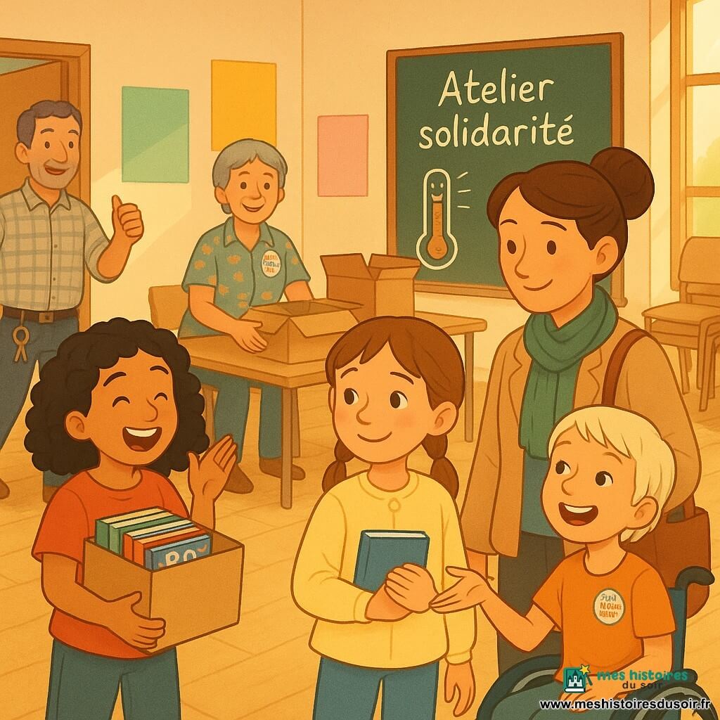 Six personnages dans une grande salle polyvalente d'école éclairée par de larges baies vitrées : Lina, ~10 ans, cheveux châtain clair en deux petites nattes, blouse jaune pâle, carnet bleu à la main, au centre; Maya, ~10 ans, cheveux bouclés noirs, t-shirt rouge, carton de BD à gauche de Lina; Zoé, ~11 ans, cheveux courts blond platine, en fauteuil roulant bleu clair à droite de Lina, montrant un livre; la mère de Lina, ~35 ans, cheveux bruns en chignon, veste beige et foulard vert, tenant un sac de livres derrière Lina; le père de Maya, ~40 ans, cheveux poivre et sel, chemise à carreaux, entrant par la porte à l'arrière-gauche avec un grand porte-clés; Mme Borel, ~50 ans, cheveux gris courts, blouse à fleurs et badge "Club Coup de Pouce", organisant des cartons près d'une table. Tables et cartons ouverts, affiches "Donnez une seconde vie à vos livres !" et "Atelier solidarité" sur les murs, chaises empilées, poussières de lumière dans les rayons du soleil. Scène chaleureuse et conviviale de collecte de livres : enfants et parents trient et échangent en souriant, avec badges faits main, thermomètre d'émotions sur une affiche et cartons remplis d'histoires.