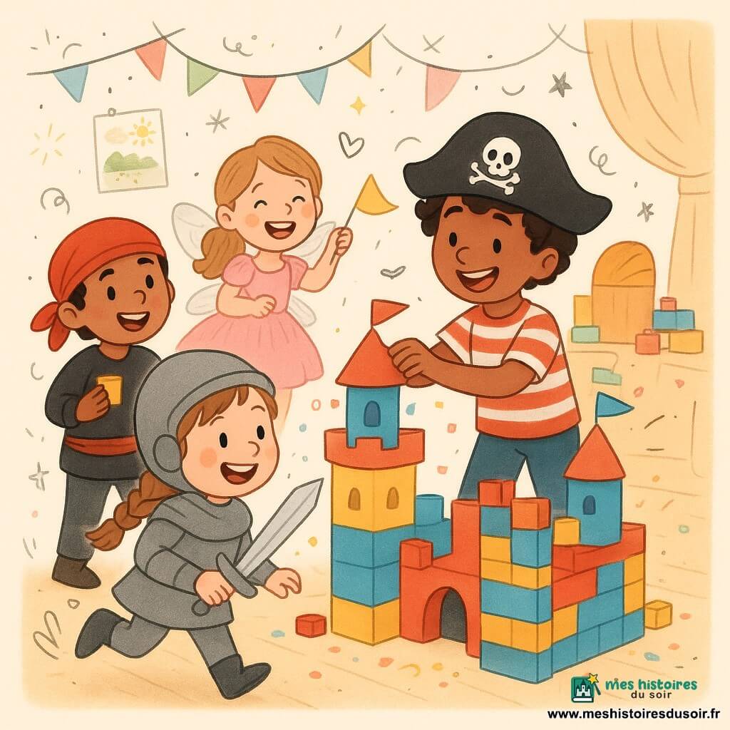 Huit enfants costumés s'affairent joyeusement dans la grande salle des fêtes de la mairie au sol en parquet clair, tables couvertes de blocs multicolores : une fille de 8 ans en costume de chevalier tresse châtain clair brandit une épée en plastique en courant entre des blocs, Hugo, garçon de 8 ans aux cheveux bouclés noirs portant un chapeau de pirate, l'aide à placer une tour, une fille déguisée en fée en robe rose pailletée et ailes tient une petite bannière derrière la table de construction, un garçon déguisé en pirate avec un bandana rouge pose une pièce de château à gauche ; ensemble ils construisent un grand château de briques rouges, bleues et jaunes orné de petits drapeaux et confettis, l'atmosphère est lumineuse et chaleureuse avec un style graphique aux couleurs vives, traits arrondis, textures papier/crayon et petits doodles autour des personnages.