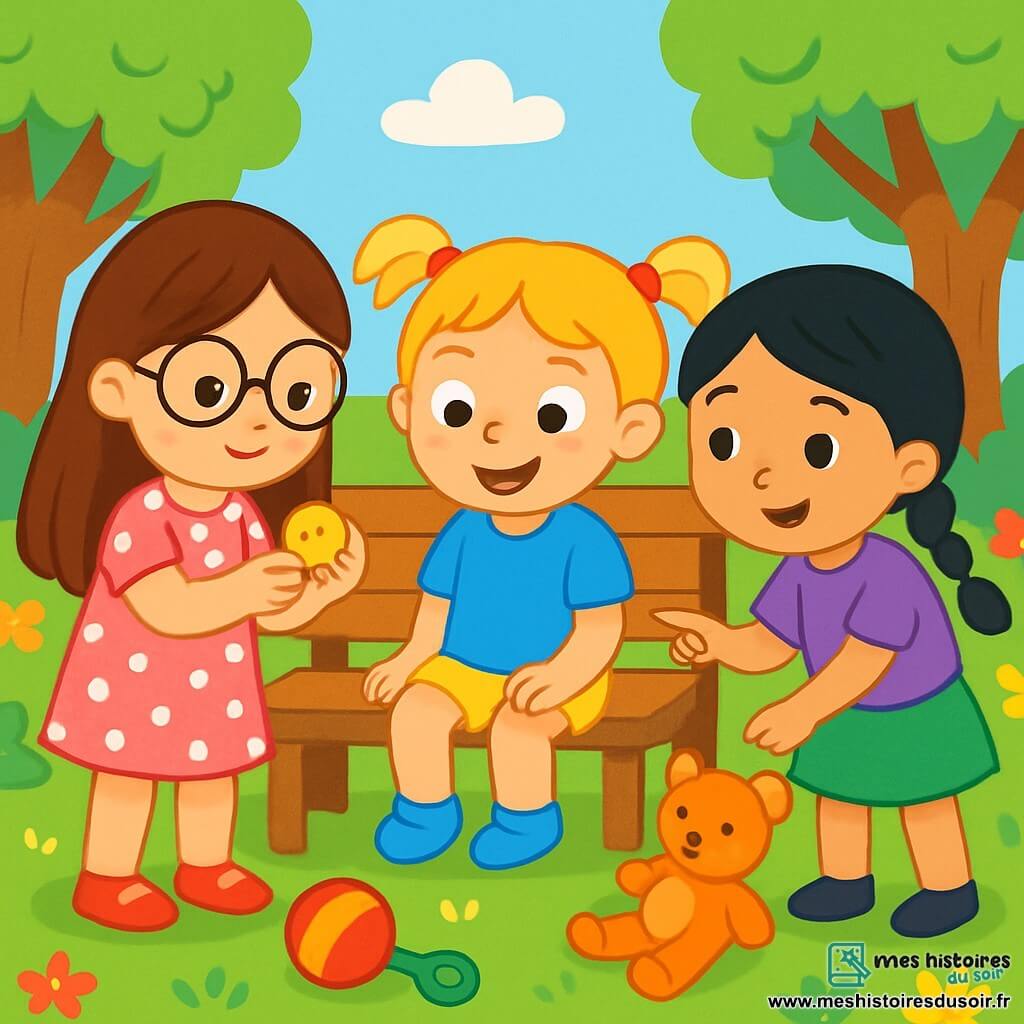 Il y a trois personnages : Lila, une fille de 6 ans avec de longs cheveux bruns et des lunettes rondes, portant une robe rose à pois blancs et tenant un petit bouton doré. Zoé, une fille de 5 ans avec des cheveux blonds en couettes et un t-shirt bleu, observe le bouton. Mia, une fille de 6 ans avec des cheveux noirs et une tresse, porte une jupe verte et pointe vers un doudou. L'action se déroule dans un jardin ensoleillé rempli de fleurs et d'arbres, avec un banc en bois où les enfants jouent. Les trois petites détectives examinent le bouton doré qu'elles ont trouvé, curieuses et concentrées pour résoudre le mystère.
