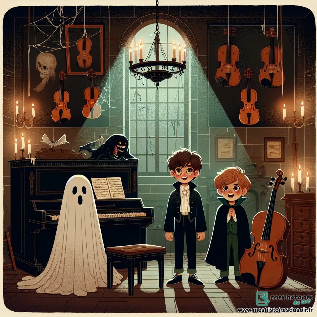Dans une salle de musique sombre, trois enfants se tiennent au centre. Louis, 10 ans, porte un drap blanc en costume de fantôme. À sa droite, Max, 9 ans, est déguisé en vampire avec un manteau noir et du faux sang. À gauche, Camille, 10 ans, est en robe de sorcière verte avec un chapeau noir. La salle contient des instruments anciens, un piano poussiéreux et des violons accrochés aux murs, avec des toiles d'araignées au plafond. Une lumière douce provient d'un coffre au fond, illuminant les enfants. Ils chantent ensemble, leurs voix résonnant dans l'air, tandis qu'une ombre dansante les encourage. L'atmosphère est magique et légèrement effrayante, remplie de rires et d'aventure.
