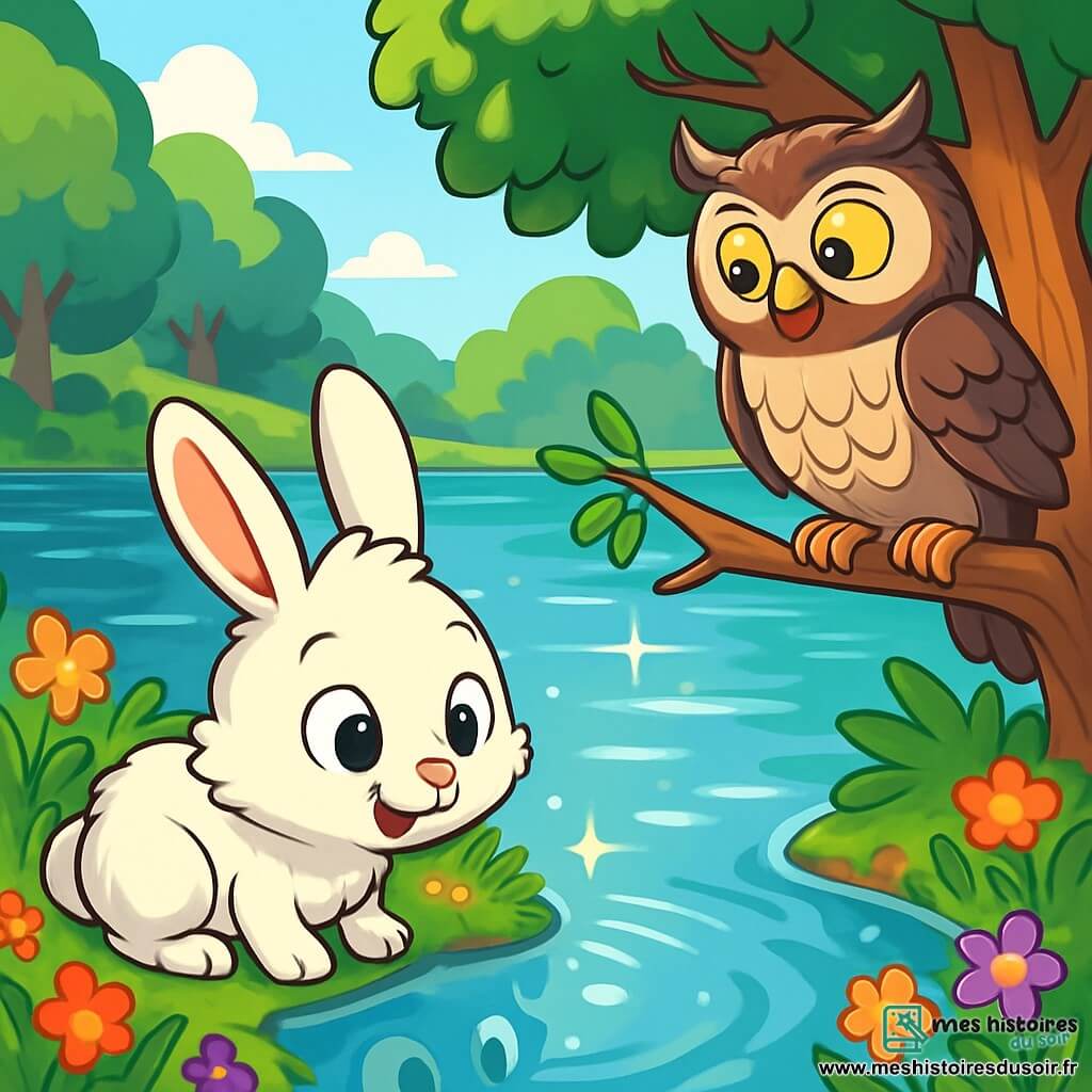 Un petit lapin nommé Albin, au pelage blanc et aux yeux brillants, se tient au bord d'un lac scintillant, émerveillé. À proximité, un vieux hibou sage, aux plumes brunâtres et grises, l'observe avec bienveillance. Le cadre enchanteur du lac des Reflets est entouré de fleurs colorées et d'arbres luxuriants, tandis que la lumière du soleil crée des éclats sur l'eau. Albin se penche pour admirer son reflet dans le lac, découvrant des formes et des couleurs dansantes, tandis que le hibou, prêt à partager les secrets de la forêt, l'observe avec sagesse.