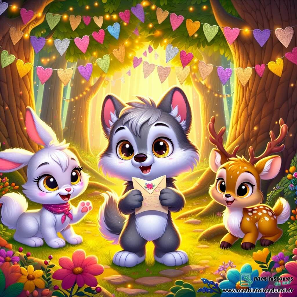 Un petit loup nommé Lulu, avec des yeux pétillants et un pelage gris, se tient dans une clairière, excité. Il sourit malicieusement en tenant une lettre parfumée, entouré de fleurs colorées. À sa droite, Lila, une lapine blanche aux grandes oreilles, l'observe avec anticipation, tandis qu'à sa gauche, Faon, un jeune faon brun doré, sourit, curieux de découvrir le contenu de la lettre. La clairière est illuminée par une lumière dorée, ornée de guirlandes de baies rouges et de lucioles. Des cœurs en papier décorent un grand chêne, et des confettis flottent dans l'air. Lulu, Lila et Faon s'apprêtent à dévoiler le mystère de la lettre d'amour, dans une ambiance festive de la Saint-Valentin.
