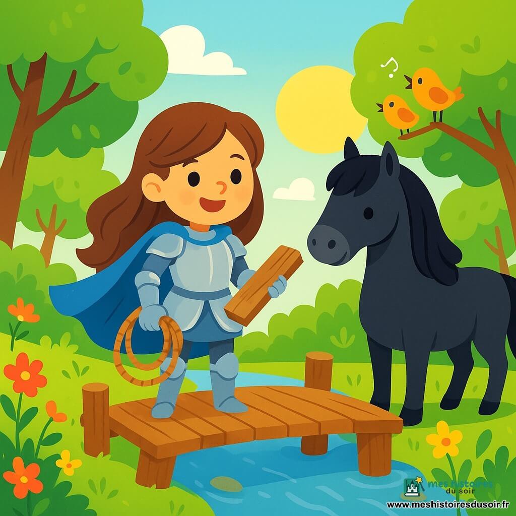 Une chevaleresse nommée Luna se tient sur un petit pont en bois, souriante et déterminée. Elle porte une armure légère en argent et une cape bleue flottant au vent, avec de longs cheveux bruns. Elle est prête à réparer le pont, tenant une corde dans une main et une planche dans l'autre. À ses côtés, son cheval noir, calme et confiant, observe la situation. En arrière-plan, une forêt verdoyante avec des arbres aux feuilles éclatantes et des fleurs colorées borde un ruisseau scintillant. La scène dépeint Luna réparant le pont, entourée de fleurs et d'oiseaux, créant une atmosphère joyeuse et aventureuse.