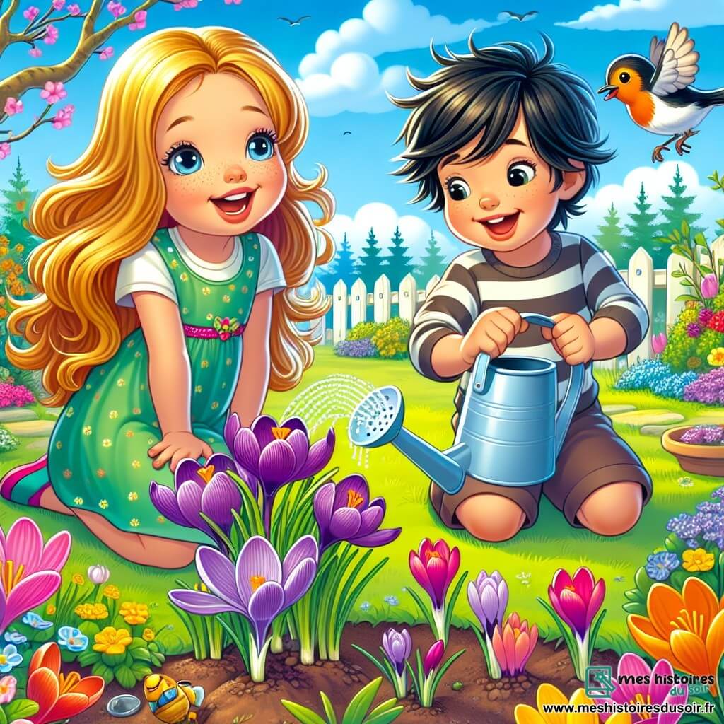 Émilie, une fille de 8 ans aux longs cheveux dorés et aux yeux pétillants, est agenouillée dans le jardin, émerveillée par un crocus violet. À côté d'elle, Lucas, un garçon de 8 ans aux cheveux noirs en bataille et au sourire espiègle, tient un petit arrosoir en plastique. Le jardin est rempli de couleurs éclatantes, avec des fleurs, de l'herbe verte et un ciel bleu clair. Un rouge-gorge chante sur une branche, ajoutant de la vie à cette scène printanière. Émilie et Lucas plantent des fleurs ensemble, entourés de rires, symbolisant le renouveau du printemps.