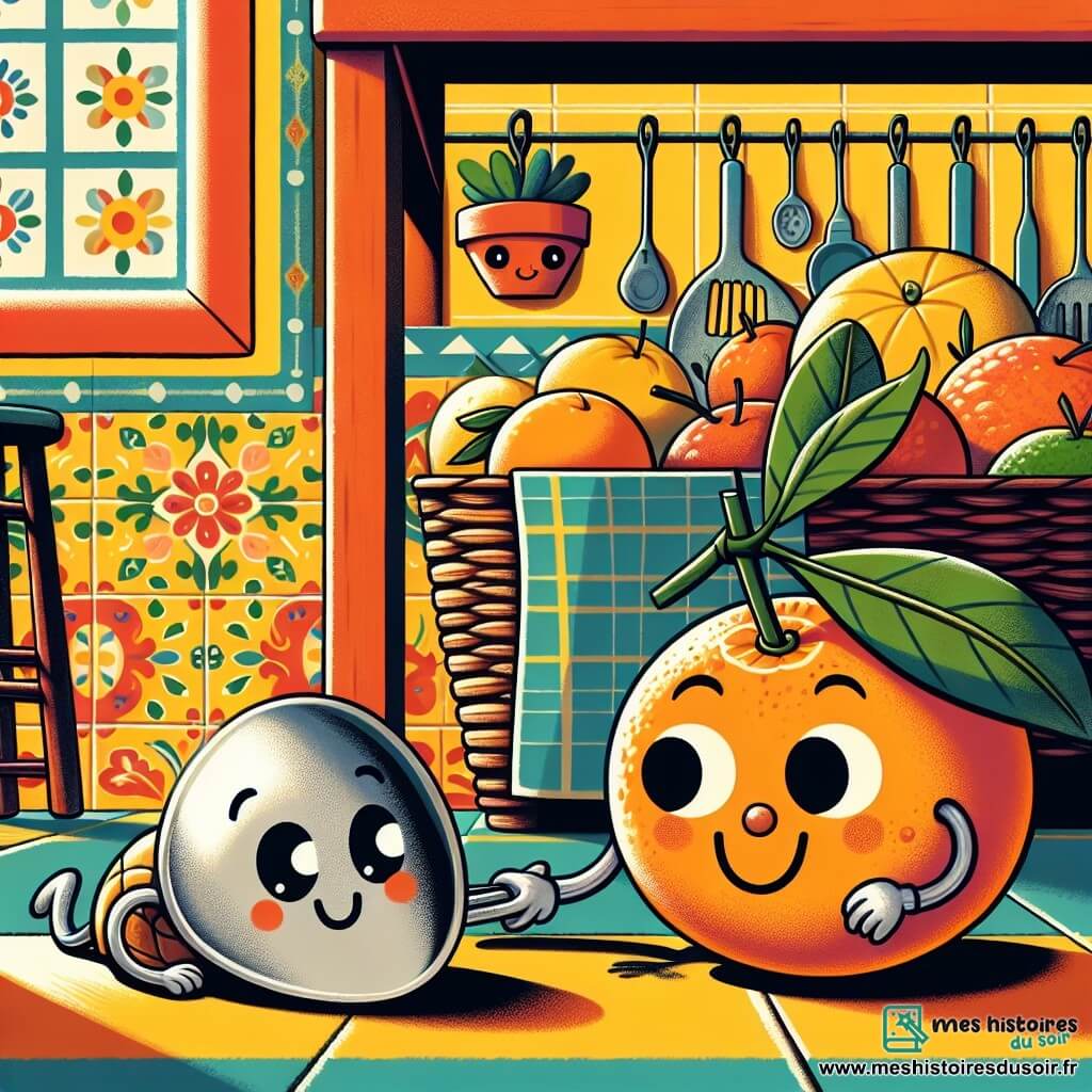 Célestin, une petite cuillère en métal brillant avec des yeux rieurs gravés sur son manche, rampe sous une table, curieux et excité. À proximité, une mandarine souriante, avec une peau orange éclatante et des feuilles vertes, l'observe avec bienveillance, prête à l'aider. Le décor est une cuisine chaleureuse et colorée, avec des murs joyeux et une grande fenêtre laissant entrer la lumière du soleil. Célestin cherche le couvercle de la cafetière, entouré de miettes qui l'encouragent, créant une ambiance d'aventure et de camaraderie.