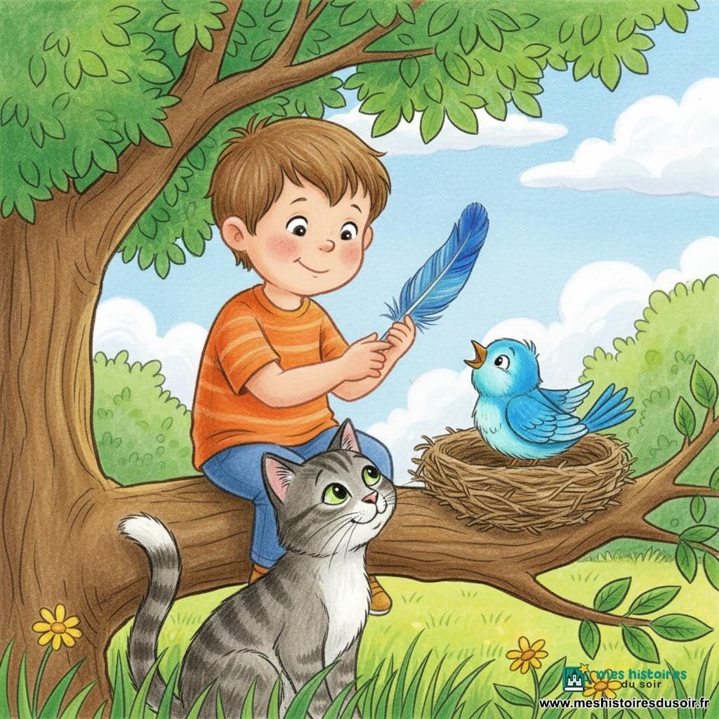 Garçon de 2 ans au visage rond, cheveux châtains courts, sourire timide et yeux brillants, assis sur une grosse branche basse en tenant une grande plume bleue ; Minou, chat rayé gris et blanc aux yeux verts, est sur le tronc en dessous et le regarde, queue enroulée ; un petit oiseau bleu vif perché près dans un nid, tête inclinée comme pour chanter ; jardin ensoleillé avec un grand arbre à feuilles épaisses, herbe verte, fleurs jaunes et ciel bleu pâle avec nuages cotonneux ; scène douce et tranquille, ambiance chaleureuse, couleurs saturées, texture crayon visible, traits simples et arrondis exprimant complicité et émerveillement.