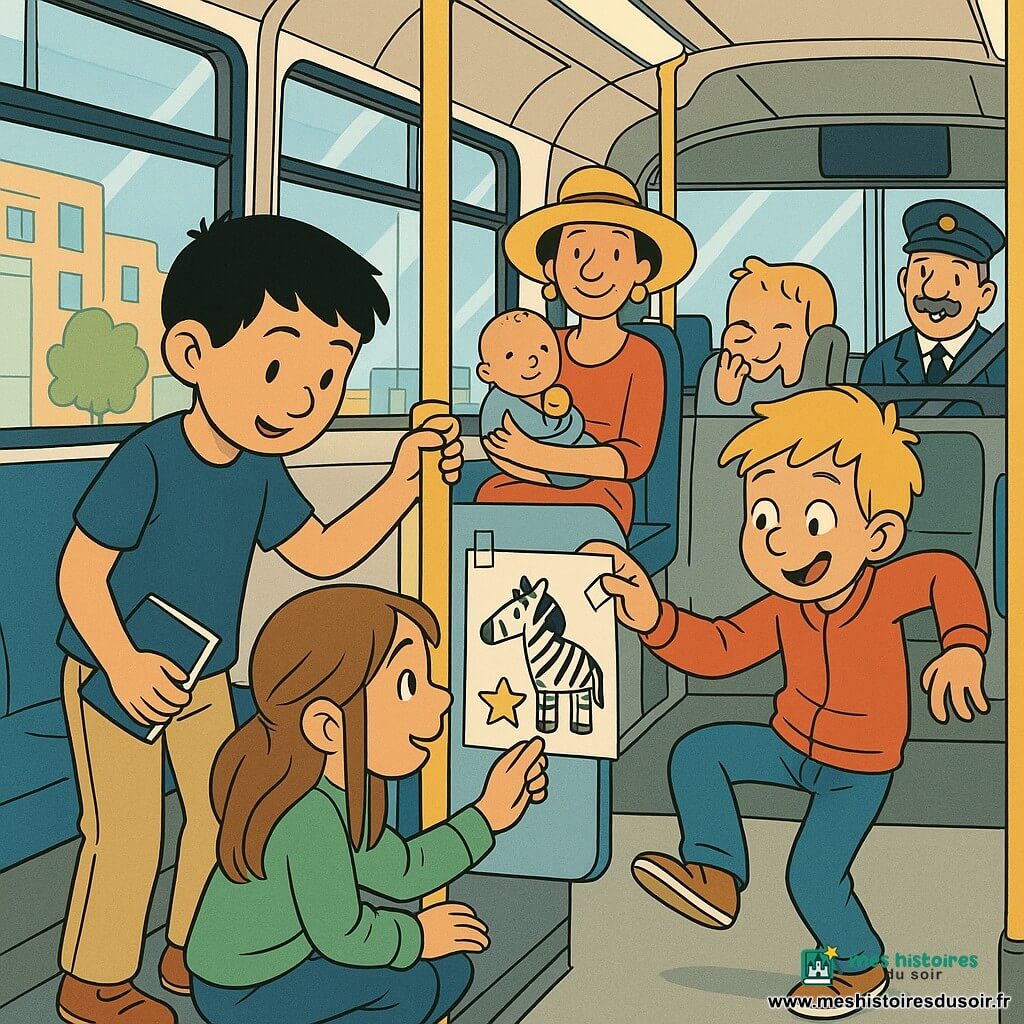 Quatre enfants de 7 ans dans l'arrière d'un bus lumineux : Samir, garçon aux cheveux noirs courts et tee-shirt bleu marine, tient un carnet et montre une affiche légèrement de travers ; Lila, fille en robe jaune à pois, assise à côté, rit en tenant un crayon et un autocollant étoile ; Hugo, garçon blond en sweat rouge, fait une petite danse comique sur la banquette ; Zoé, fille aux longs cheveux bruns et pull vert, est accroupie et recolle l'affiche avec du ruban ; on devine à l'avant le siège du chauffeur moustachu souriant, une dame au grand chapeau et un bébé flous en arrière-plan ; ambiance chaleureuse, couleurs vives, style bande dessinée enfantin, ils installent un « coin calme » avec une affiche décorée d'un zèbre et d'une étoile.