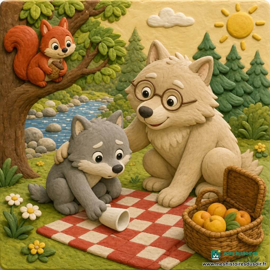 Lino, un petit loup rond au pelage gris clair et touches blanches, yeux brillants et expression attendrie, est accroupi pour ramasser un gobelet tombé ; Mamie Louve, grande, aux poils crème et lunettes rondes, souriante, s’accroupit à côté de lui la patte sur son épaule pour l’aider ; un petit écureuil roux tient une noisette sur une branche basse et observe ; la scène se déroule dans une clairière au bord d’une rivière scintillante avec une nappe à carreaux rouge et blanc, un panier d’osier ouvert contenant des abricots, quelques cailloux au bord de l’eau et des pins stylisés en arrière-plan, lumière dorée d’un matin d’été ; atmosphère douce et rassurante, gobelets blancs roulés sur l’herbe, textures pâte à modeler visibles, couleurs chaudes et contrastées.