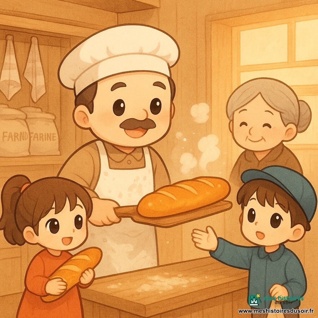 Un boulanger d’environ 35 ans au visage rond, fine moustache et sourire chaleureux, portant un tablier blanc taché de farine, sort une baguette fumante et dorée du four avec une grande pelle en bois ; à gauche du comptoir une fillette de 6 ans aux couettes tient la baguette contre sa poitrine émerveillée, à droite un garçon d’environ 8 ans en casquette bleue tend la main vers la croûte sans la toucher, et derrière eux une vieille dame aux cheveux gris en chignon sourit en tenant un sac en tissu ; l’atelier est petit et chaleureux — murs en bois clair, étagères de sacs de farine, torchons, table farinée et grand four en pierre ouvert — baigné d’une lumière dorée du matin ; la scène capture le pain sorti du four avec sa vapeur douce, sa croûte craquelée et les particules de farine flottant dans l’air, créant une atmosphère réconfortante aux couleurs chaudes et textures visibles.