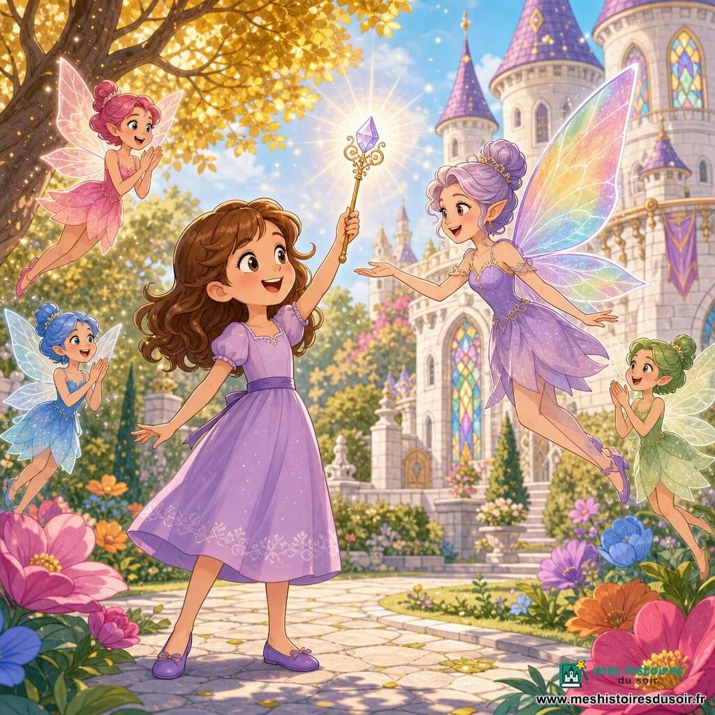Lila, une fille aux cheveux bruns ondulés jusqu'aux épaules, tient fièrement une baguette magique brillante ; son visage rayonne et ses yeux sont écarquillés de joie. À côté d'elle, Mélodie, une petite fée élégante aux ailes translucides iridescentes, flotte en souriant et tend la main vers la baguette. Trois autres petites fées colorées battent des ailes et tournent en applaudissant autour d'elles. En arrière-plan, un vaste jardin enchanté avec allées pavées, arbres aux feuilles dorées, fleurs géantes multicolores et un château de pierre blanche aux tours et vitraux étincelants. La scène, aux tons pastel et lumières scintillantes, montre Lila venant de récupérer la baguette de la sorcière, d'où émane une douce lumière magique, créant une ambiance chaleureuse et victorieuse.