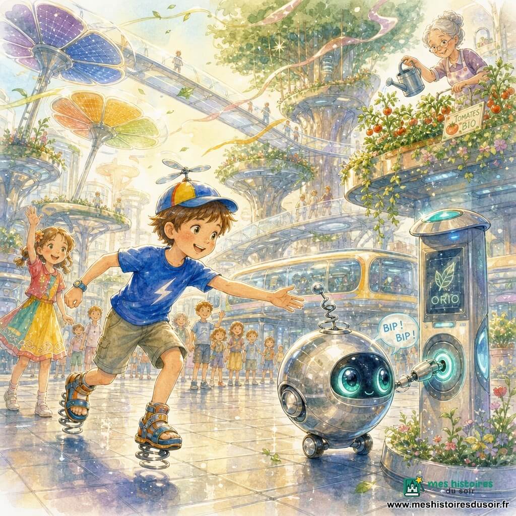 Lucas, garçon de 8 ans aux cheveux châtain courts, tee-shirt bleu électrique, casquette à hélice et sandales à ressorts, court en souriant pour aider Orio, un petit robot-guide sphérique argenté aux grands yeux bleu-vert et antenne tordue, qui se positionne devant une borne de recharge au centre d'une grande place énergétique futuriste aux pavés lisses, panneaux solaires en forme de fleurs, passerelles transparentes et jardins suspendus ; derrière Lucas, Mila, fille joyeuse d'environ 8 ans en robe colorée, lui fait signe depuis la foule d'enfants, tandis que Madame Zhou, femme d'environ 60 ans aux cheveux gris rassemblés, arrose des tomates sur un toit ; ambiance matinale douce, vents légers, rubans et feuilles flottants, atmosphère d'entraide et de calme technologique.