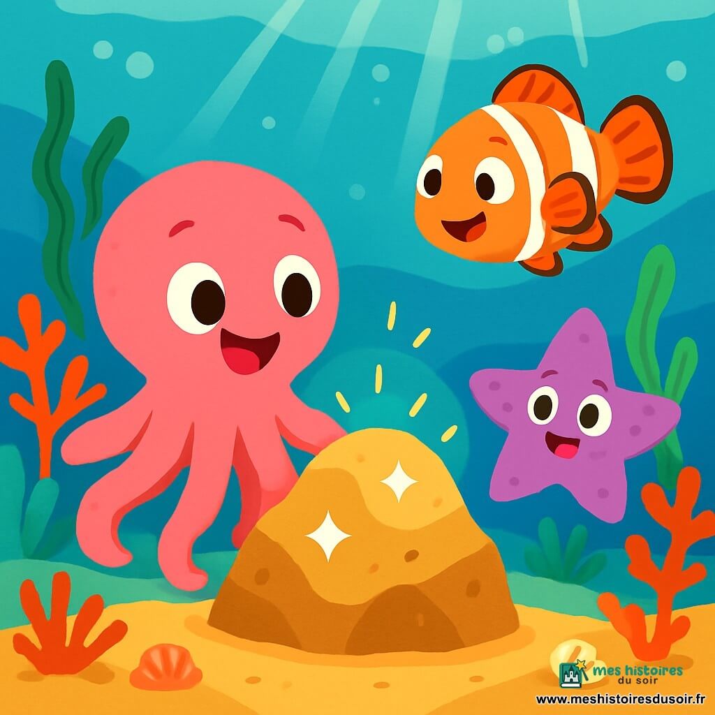 Plouf, la petite pieuvre rose aux yeux pétillants, se tient devant un rocher scintillant, ses huit bras ondulant avec excitation et un grand sourire sur le visage. À proximité, un poisson clown orange et blanc, nommé Bubbles, nage joyeusement, exprimant sa joie avec un sourire éclatant. Une étoile de mer violette, Stella, observe la scène avec émerveillement. Le fond de la mer est un monde magique, rempli de coraux colorés et de rayons de soleil filtrant à travers l'eau claire. Plouf, déterminé et curieux, s'approche du rocher mystérieux émettant une lumière scintillante, prêt à découvrir ce qu'il cache.
