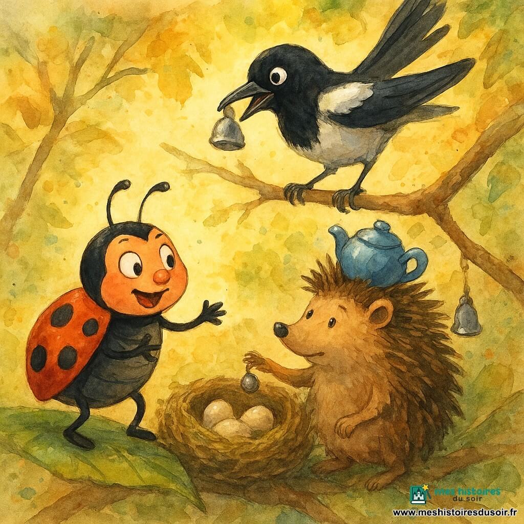 Une coccinelle rouge à pois noirs, bavarde et déterminée, défend un nid de mousse contenant trois œufs pâles posé entre deux branches de noisetier ; un hérisson rond au chapeau-théière bleu installe des chapeaux-pièges et pose une petite cloche sur une branche tandis qu’une pie noir et blanc, surprise, tient un objet argenté en battant des ailes ; la scène en fin d’après-midi baigne dans une lumière dorée, atmosphère chaleureuse et ludique.