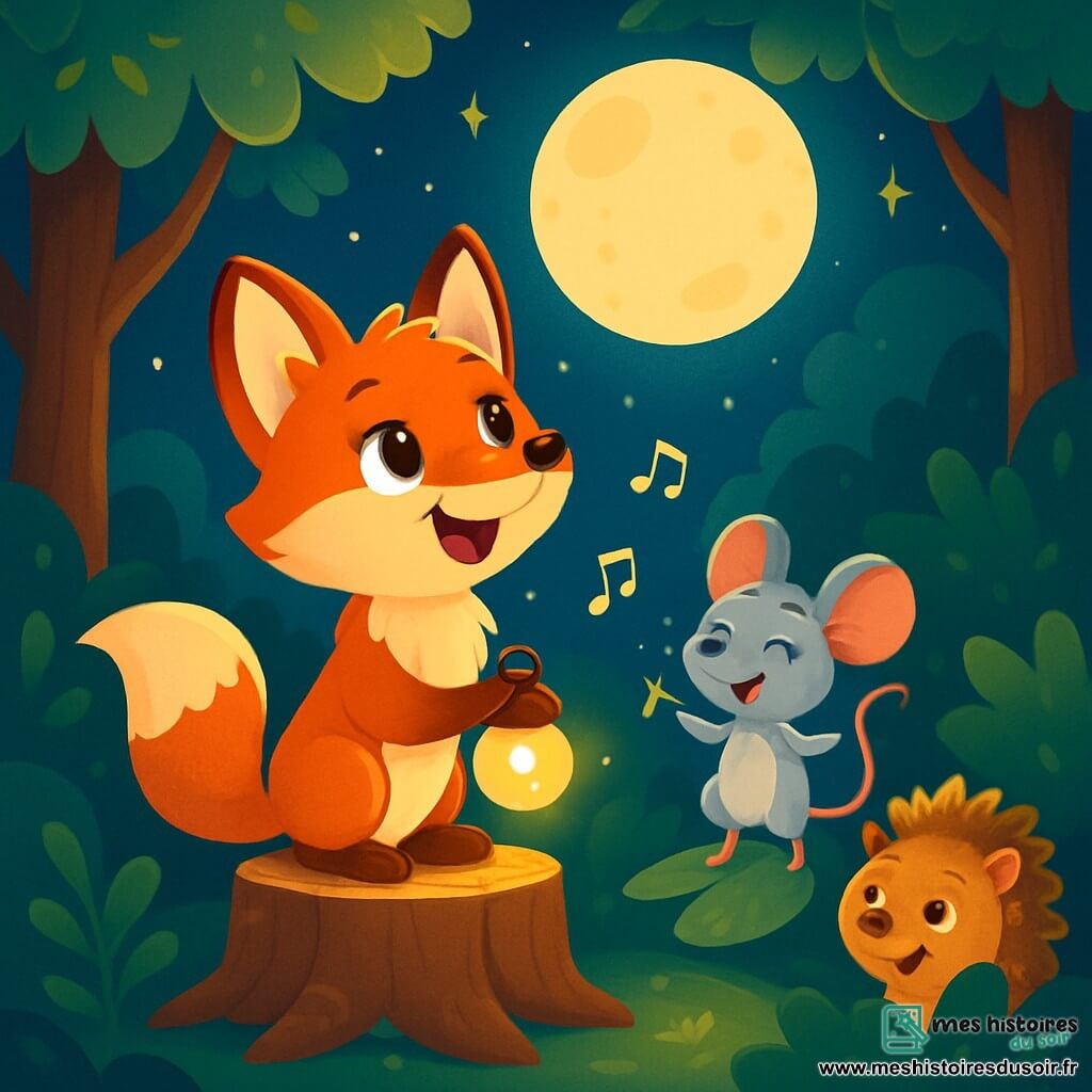 Dans une forêt enchantée, un petit renard roux nommé Félix se tient sur une souche, regardant la lune avec émerveillement. Il est éclairé par une veilleuse en forme de luciole. À ses côtés, Mimolette, une souris grise, danse joyeusement sur une feuille, tandis que Pipo, un hérisson aux piquants dorés, se cache derrière un buisson, riant. La scène se déroule sous un ciel étoilé, où la lune illumine les arbres, créant une atmosphère magique. Félix, Mimolette et Pipo chantent ensemble, transformant la nuit en un moment joyeux.