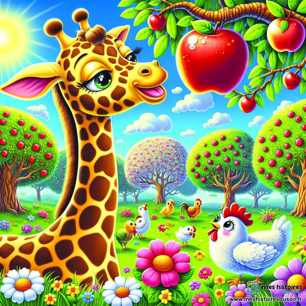Une girafe nommée Gigi, avec un long cou tacheté et un grand sourire, se tient dans un verger ensoleillé, entourée de fleurs colorées. Ses grands yeux brillants montrent son excitation alors qu'elle tend le cou vers une pomme rouge accrochée à une branche haute. Des poules rieuses, avec des plumes blanches et brunes, picorent près d'elle, observant Gigi avec amusement. Le verger est rempli d'arbres chargés de fruits, sous un ciel bleu parsemé de nuages. Gigi essaie d'attraper une pomme, mais elle est sur le point de tomber dans un buisson de fleurs, créant un moment amusant.
