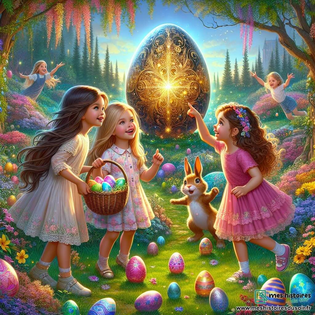 Léa, 7 ans avec de longs cheveux bruns, tient un panier d'œufs colorés. À sa droite, Zoé, 6 ans aux cheveux blonds en tresses, admire un œuf brillant. Mia, 5 ans avec des cheveux bouclés en robe rose, saute de joie en désignant un grand œuf scintillant. Elles se trouvent dans un jardin enchanté rempli de fleurs et d'arbres, où un grand œuf magique aux motifs dorés brille au centre, entouré de petits œufs multicolores. Les filles sont émerveillées par l'œuf magique, tandis que le lapin Lapinou les observe, prêt à les guider dans leur aventure de Pâques.