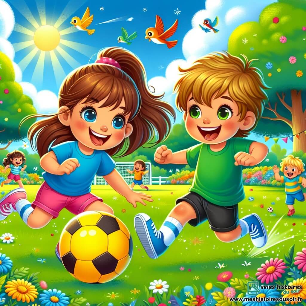 Emma, une petite fille de 8 ans, a de longs cheveux bruns en queue de cheval. Elle porte un t-shirt bleu, un short rose et des baskets blanches. Son visage exprime la joie alors qu'elle court après un ballon de football jaune, prête à marquer un but. À côté d'elle, Léo, un garçon de 7 ans avec des cheveux blonds en bataille, porte un t-shirt vert et un short noir. Il rit en essayant de frapper le ballon, ses yeux brillants d'excitation. La scène se déroule dans un parc verdoyant avec des arbres et des fleurs colorées, sous un ciel bleu clair. Emma et Léo jouent ensemble, courant et riant, s'amusant à faire des passes et à s'entraîner pour devenir de futurs champions de football.