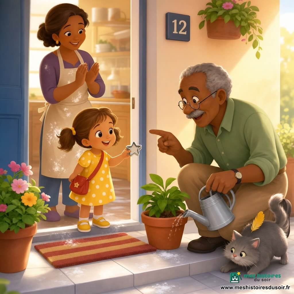 Lila, 4 ans, souriante et concentrée, tient dans la main droite un petit emporte-pièce étoile, porte un sac rouge en bandoulière, une robe à pois, chaussures jaunes et deux couettes châtain clair; la maman (30–35 ans) l’observe depuis l’encadrement de la porte, applaudissant doucement, cheveux attachés et tablier taché de farine; Monsieur René (65–70 ans), accroupi dehors, arrose une plante en pot en terre cuite, lunettes fines et moustache grise, pointe l’emporte-pièce du doigt comme s’il venait de le trouver; un petit chat gris au pelage duveteux avec une plume jaune se faufile près de ses pieds; scène au seuil d’une maison coquette avec paillasson rayé, carrelage blanc parsemé de traces de farine et lumière douce du matin — Lila découvre l’emporte-pièce sur le paillasson, échange un sourire complice avec Monsieur René tandis que la maman les regarde, ambiance chaleureuse.