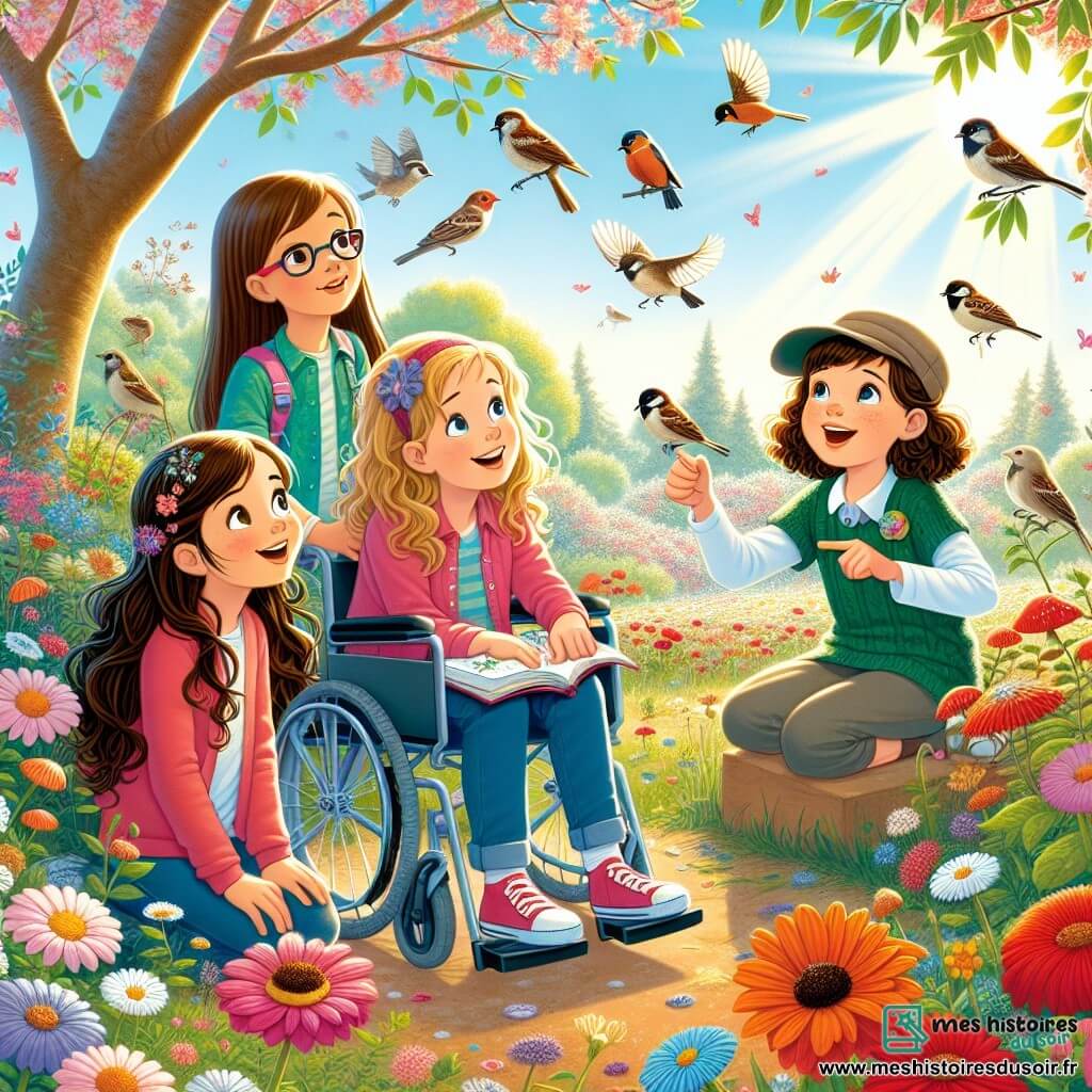 Dans un parc printanier, quatre filles explorent la nature entourées de fleurs et d'arbres en bourgeons. Léa, 11 ans, avec de longs cheveux bruns et des lunettes, sourit en tenant un carnet. Chloé, aussi 11 ans, en fauteuil roulant et t-shirt rose, admire les oiseaux. Amira, 11 ans, avec des cheveux bouclés et une robe verte, montre des moineaux perchés. Sophie, 11 ans, aux cheveux châtains et casquette, observe une coccinelle. Le parc est lumineux, les filles partagent leurs découvertes et s'émerveillent de la beauté du printemps.