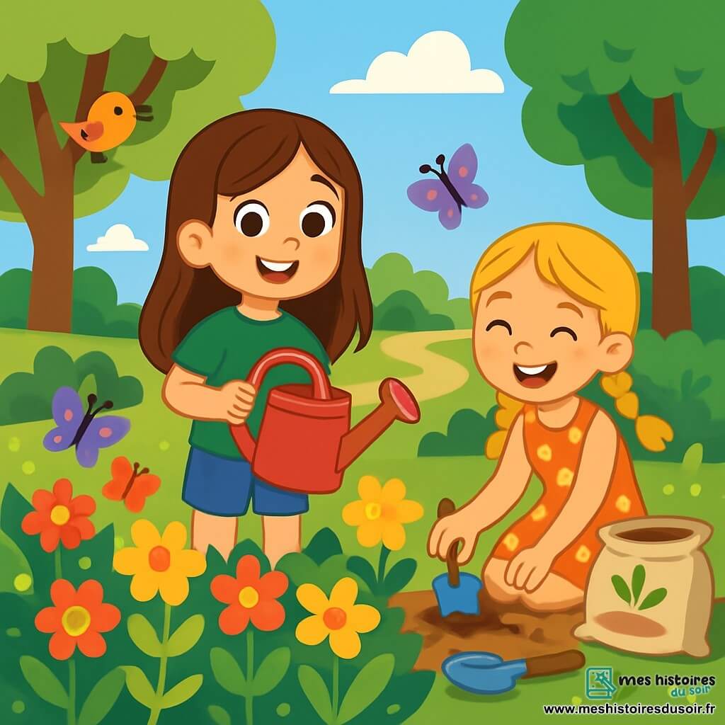 Une petite fille de 8 ans, Margot, avec de longs cheveux bruns, porte un t-shirt vert et un short en jean. Elle sourit fièrement en tenant un arrosoir rouge, entourée de fleurs dans un jardin communautaire. À ses côtés, sa meilleure amie Léa, également âgée de 8 ans, a des cheveux blonds en tresses et porte une robe à fleurs. Elle plante des graines avec un grand sourire. Le jardin, situé dans un parc ensoleillé, est rempli de verdure, d'arbres majestueux et d'un ciel bleu éclatant. Des papillons volent autour des fleurs et des oiseaux chantent. La scène montre Margot et Léa travaillant ensemble avec enthousiasme, entourées de sacs de terre et d'outils de jardinage, transformant le parc en un lieu accueillant.