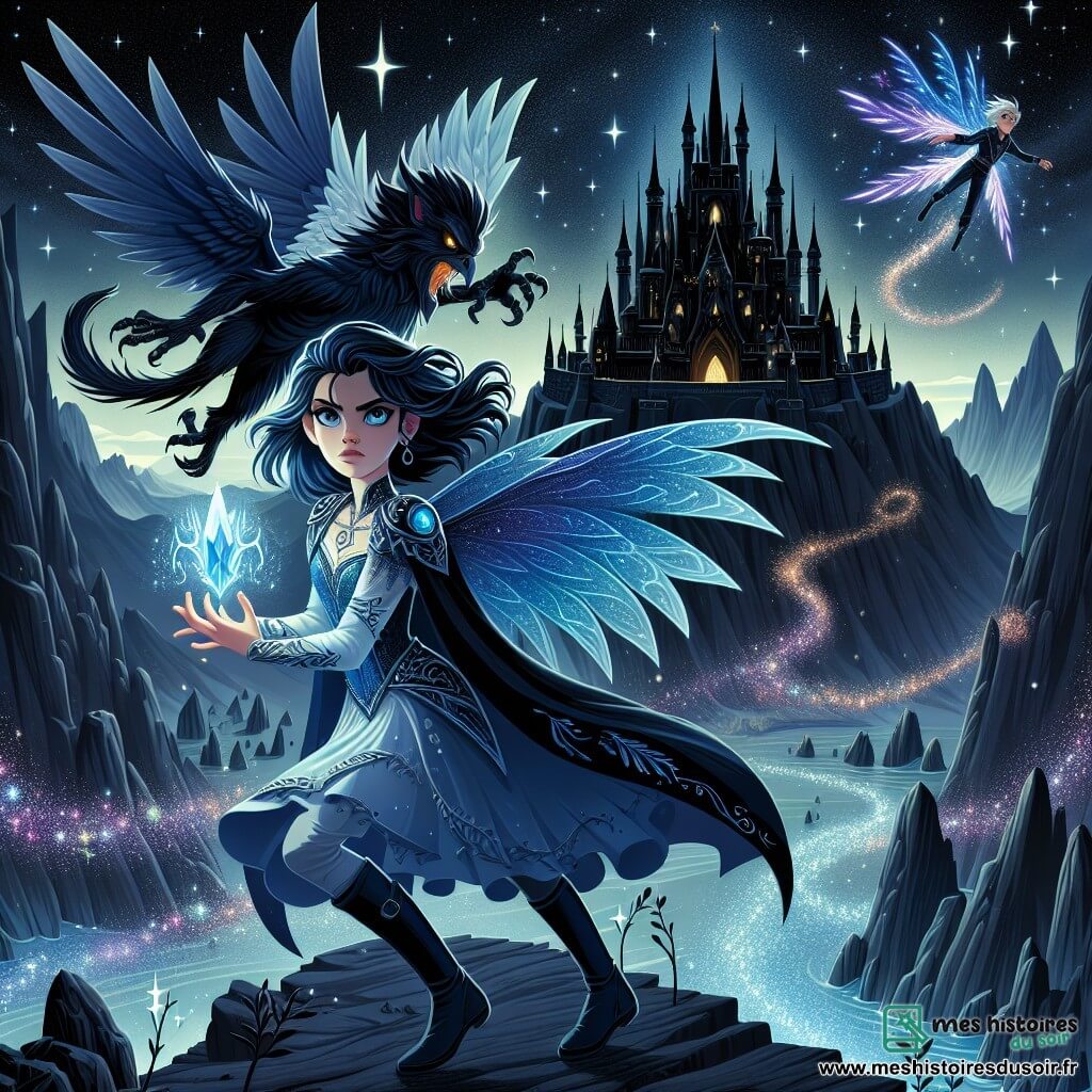 Elara, une jeune femme aux cheveux bleus et aux yeux brillants, se tient devant un château noir sur un sommet. Elle brandit un cristal lumineux, symbole de son pouvoir. À ses côtés, Kael, un Drakonien aux plumes chatoyantes, vole dans les airs, prêt à l'assister. Le château est entouré d'un ciel étoilé, avec des éclairs d'énergie magique. Elara et Kael se préparent à affronter le Sorcier de l'Ombre, qui émerge des ombres du château en lançant des éclairs d'énergie sombre. L'atmosphère est tendue, annonçant un affrontement entre la lumière et l'obscurité.