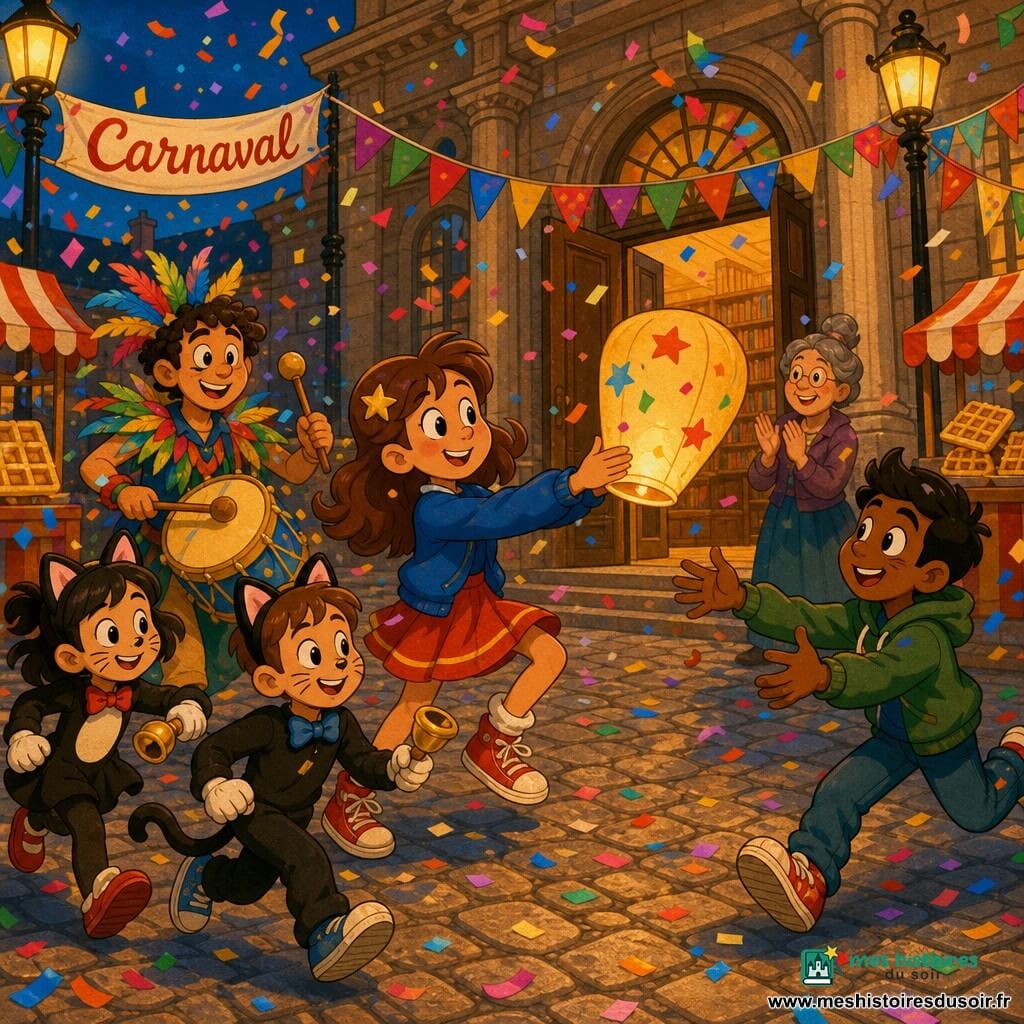 Fille de 12 ans au visage rond et cheveux châtain clair retenus par une pince étoile, expression déterminée et joyeuse, tient délicatement un petit lampion en papier décoré ; à sa droite Amir, garçon d’environ 12 ans à peau mate et cheveux noirs courts, souffle encore essoufflé et sourire fier, bras ouverts pour attraper le lampion ; légèrement en arrière à gauche un garçon musicien d’environ 13 ans joue d’un tambour jaune, costume à plumes ; au premier plan gauche deux enfants déguisés en chats (8–10 ans) courent en sonnant des clochettes ; près des portes ouvertes de la grande bibliothèque en pierre, la bibliothécaire Mme Pruvost, femme d’environ 50 ans aux cheveux gris en chignon, sourit et applaudit ; lieu : place pavée décorée de guirlandes multicolores, stands de gaufres et une banderole “Carnaval”, confettis en suspension ; situation : une brise fait rouler le lampion sur les pavés, les enfants improvisent une chorégraphie synchronisée pour le rattraper, tambour cadencé et sirènes en rollers en arrière-plan, le lampion finit posé contre les mains d’Amir et tenu par la fille dans une lumière chaude et vacillante ; style : palette vive et contrastée, lignes courbes exagérées façon rubber hose, textures papier pour le lampion, éclats de lumière ponctuels et mouvement fluide.
