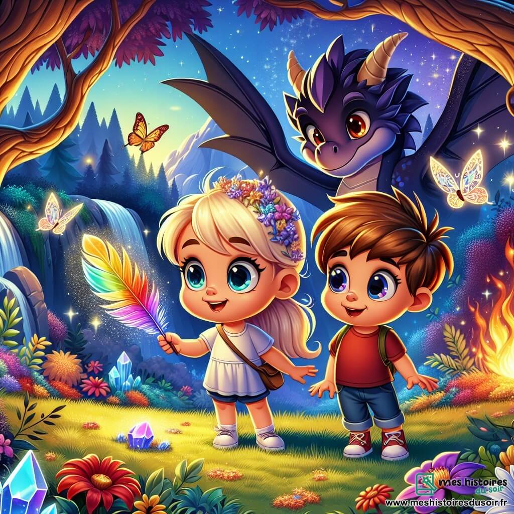 Dans une forêt enchantée, Lila, une petite fille de cinq ans aux cheveux dorés, admire une plume d'oiseau arc-en-ciel, tandis que Max, un garçon aux joues roses, montre un cristal de lune brillant dans l'herbe. La forêt est colorée avec des arbres dorés, des fleurs vives et des papillons scintillants. Un dragon majestueux les observe avec bienveillance, ajoutant de la magie à la scène. Les enfants sont en quête d'une fleur de feu flamboyante, tandis qu'un rayon de soleil illumine leur aventure.