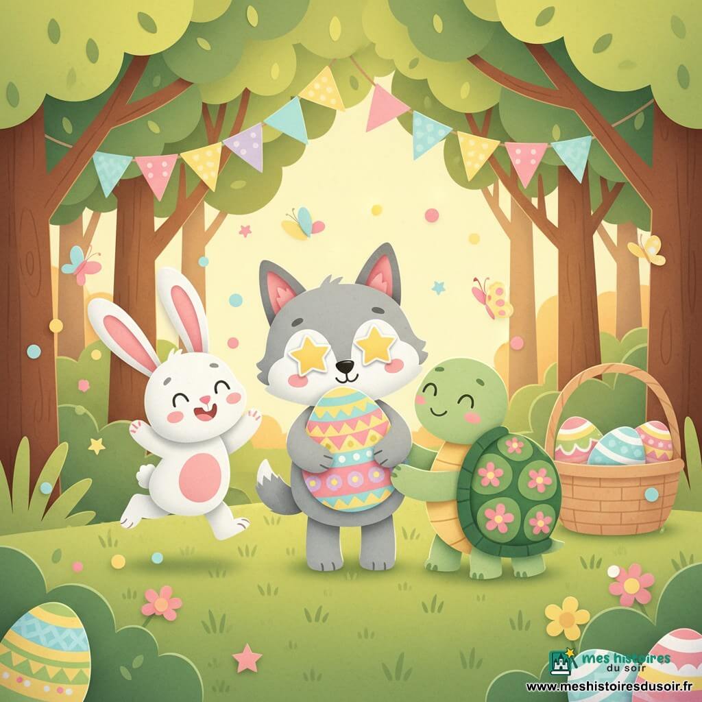 Loulou, petit loup pelucheux au centre tenant un grand œuf de Pâques coloré, Clara, tortue souriante à droite touchant l'œuf, et Max, lapin bondissant à gauche entouré de confettis, dans une clairière ensoleillée avec guirlandes, un panier d'œufs et papillons en papier ; style aux couleurs pastel, textures papier et contours simples, ambiance festive et rassurante pour enfants.