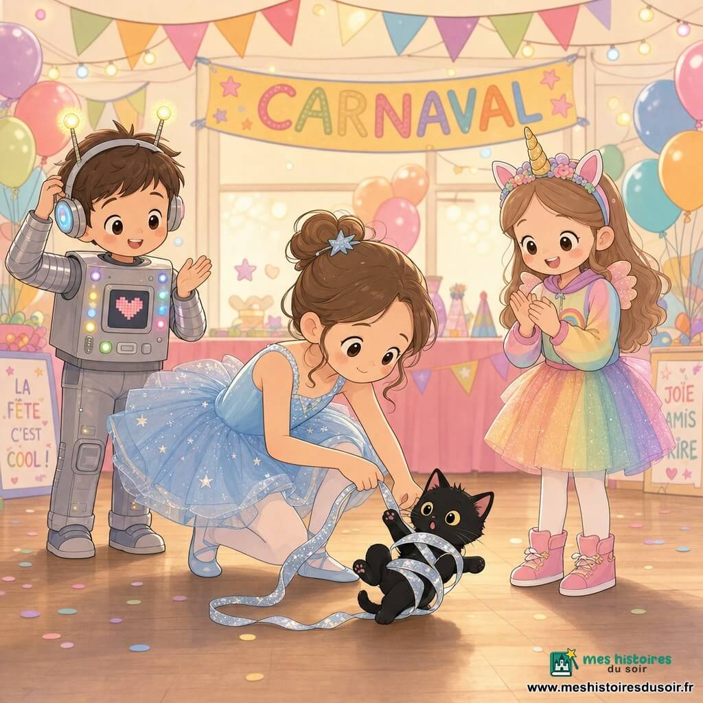 Léa, 10 ans, joyeuse et concentrée, porte un tutu bleu ciel pailleté et tient un long ruban qui dessine des arabesques pendant qu’elle s’accroupit pour libérer un petit chaton noir accroché au ruban; à droite Zoé, en costume de licorne arc‑en‑ciel, sourit en regardant le ruban, et à gauche Max, en robot lumineux, applaudit en ajustant ses antennes; la salle des fêtes aux guirlandes, ballons et lumières tamisées crée une ambiance chaleureuse et festive, style graphique kawaii minimal aux couleurs pastel saturées, contours nets et formes rondes.