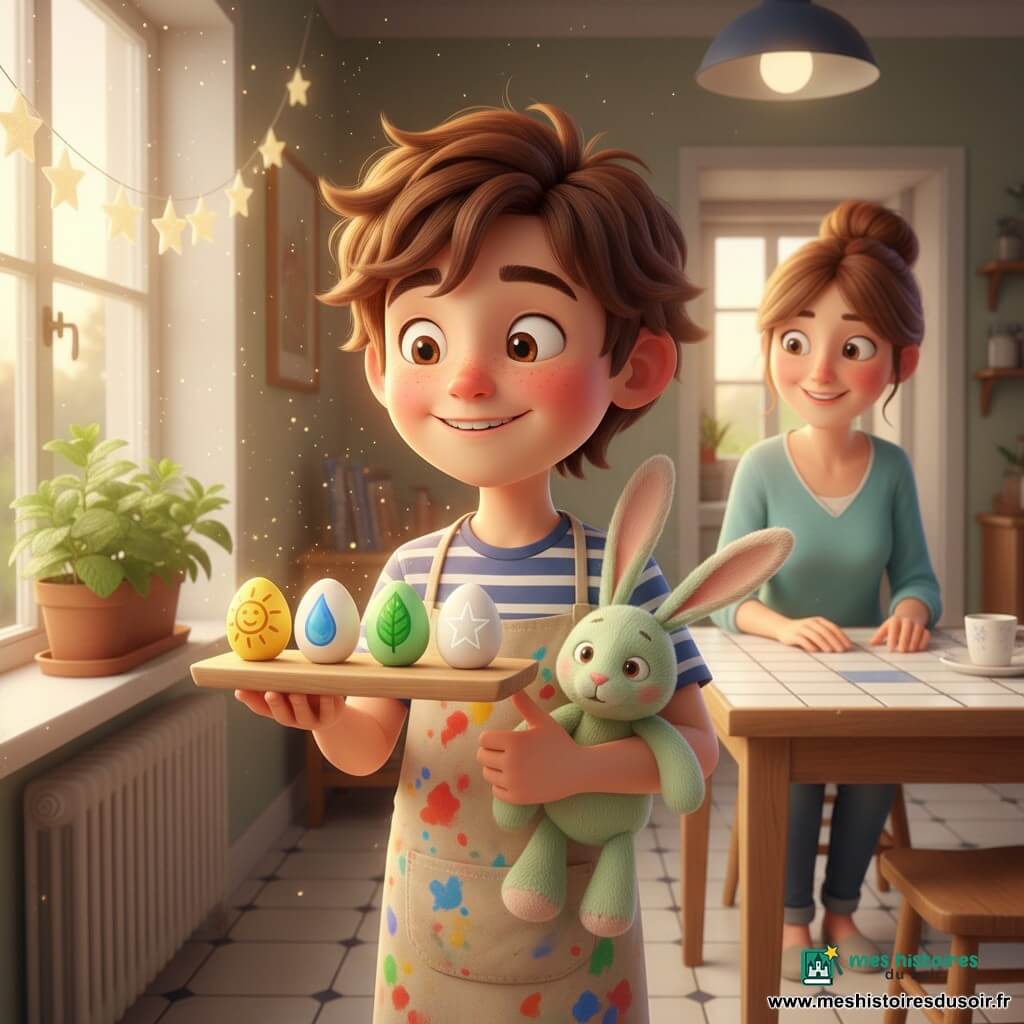 Un garçon de 8 ans aux cheveux bruns en bataille et yeux noisette tient un petit plateau en bois avec quatre coquilles d’œuf peintes (soleil jaune, goutte bleue, feuille verte, étoile blanche), un lapin en peluche vert pâle nommé Pistache sous le bras ; il porte un t‑shirt rayé bleu et blanc et un tablier tâché, debout près d’une fenêtre baignée de lumière dorée. Sa mère d’environ 35 ans, châtain en chignon lâche, le regarde tendrement depuis la cuisine, mains sur la table carrelée. La cuisine-salon chaleureuse présente un rebord de fenêtre ensoleillé, une jardinière de menthe et une guirlande d’étoiles phosphorescentes; les coquilles scintillent légèrement alignées et une fine poussière de lumière tombe de la guirlande. L’ambiance est joyeuse et douce, aux couleurs pastel saturées, textures visibles sur la peluche, éclairage chaud du matin et ombres douces pour un rendu enfantin et rassurant.