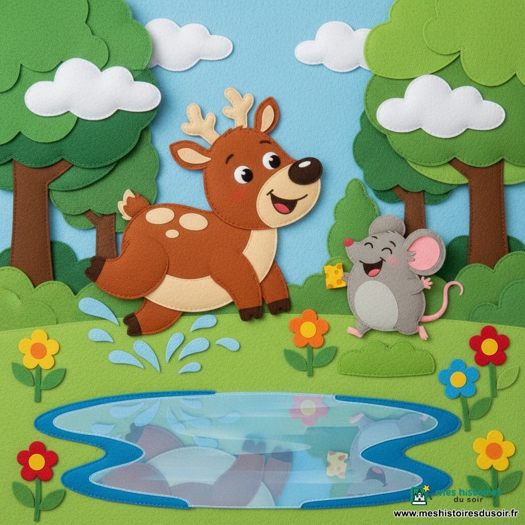 Un renne dodu au pelage brun et taches crème, cornes beige et expression joyeuse, saute avec les pattes arrière repliées tandis que des gouttelettes d’eau éclaboussent ses sabots; à sa droite, Mimi la petite souris grise aux grandes oreilles roses rit en tenant un morceau de fromage sur un coussin d’herbe; en arrière-plan une forêt ensoleillée aux arbres et fleurs en feutrine, ciel bleu à gros nuages blancs, et au premier plan une grande flaque d’eau en feutrine brillante reflétant le renne; style simple et lisible, formes arrondies, couleurs vives et textures de feutrine, composition centrée et joyeuse pour tout-petits.