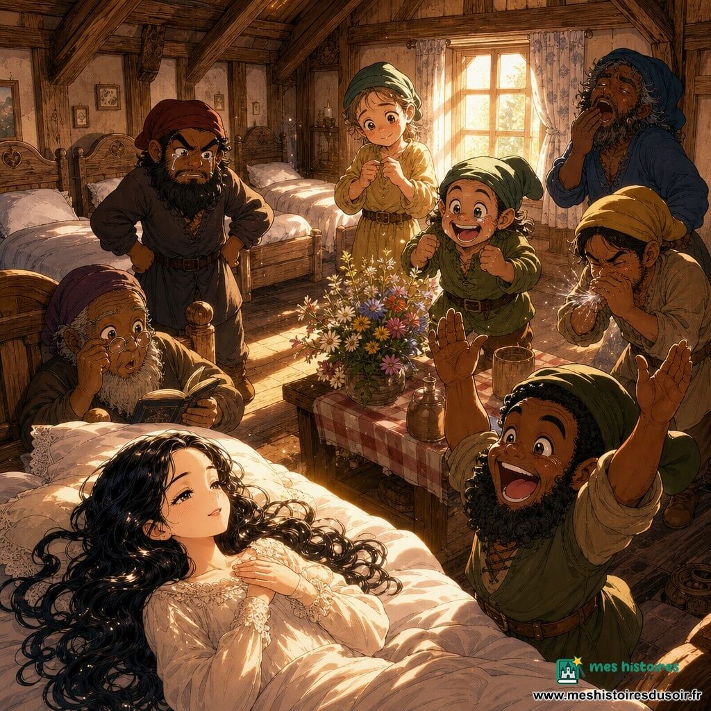 Blanche-Neige, jeune femme réveillée, visage serein et lumineux, paupières entrouvertes, cheveux noirs bouclés, robe ivoire à dentelle, mains sur la poitrine ; les sept nains autour : Joyeux applaudit, Prof tient un livre ouvert, Grincheux regarde avec émotion, Timide joue des doigts, Dormeur bâille appuyé au mur, Atchoum se retient d’éternuer, Simplet saute de joie près des fleurs ; petite chaumière en bois claire et chaleureuse avec poutres apparentes, lits alignés, table rustique à nappe à carreaux et bouquets sauvages, rayons dorés illuminant le visage de Blanche-Neige ; moment de réveil magique, ambiance douce et joyeuse, couleurs pastel chaudes, style manga aux expressions exagérées et détails texturés.