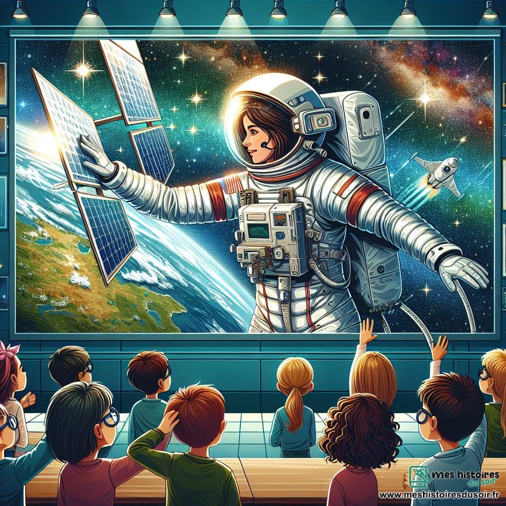 Au centre de l'image, l'astronaute Camille Floreau flotte dans l'espace, portant une combinaison spatiale argentée et un casque transparent qui révèle son sourire. Ses cheveux bruns, attachés en queue de cheval, dansent autour d'elle alors qu'elle ajuste un panneau solaire avec concentration. À proximité, un groupe d'enfants, âgés de 10 à 12 ans, l'observe avec admiration à travers un écran vidéo. Lucas, avec ses lunettes rondes, lève la main, tandis qu'Emma sourit émerveillée. Ils sont dans une salle de classe entourée de posters d'étoiles. Le décor montre l'immensité de l'espace, avec des étoiles scintillantes et la Terre en arrière-plan, ainsi que la station spatiale Horizon. Camille répare un panneau solaire pendant que les enfants l'encouragent, créant un lien entre l'espace et leur classe.