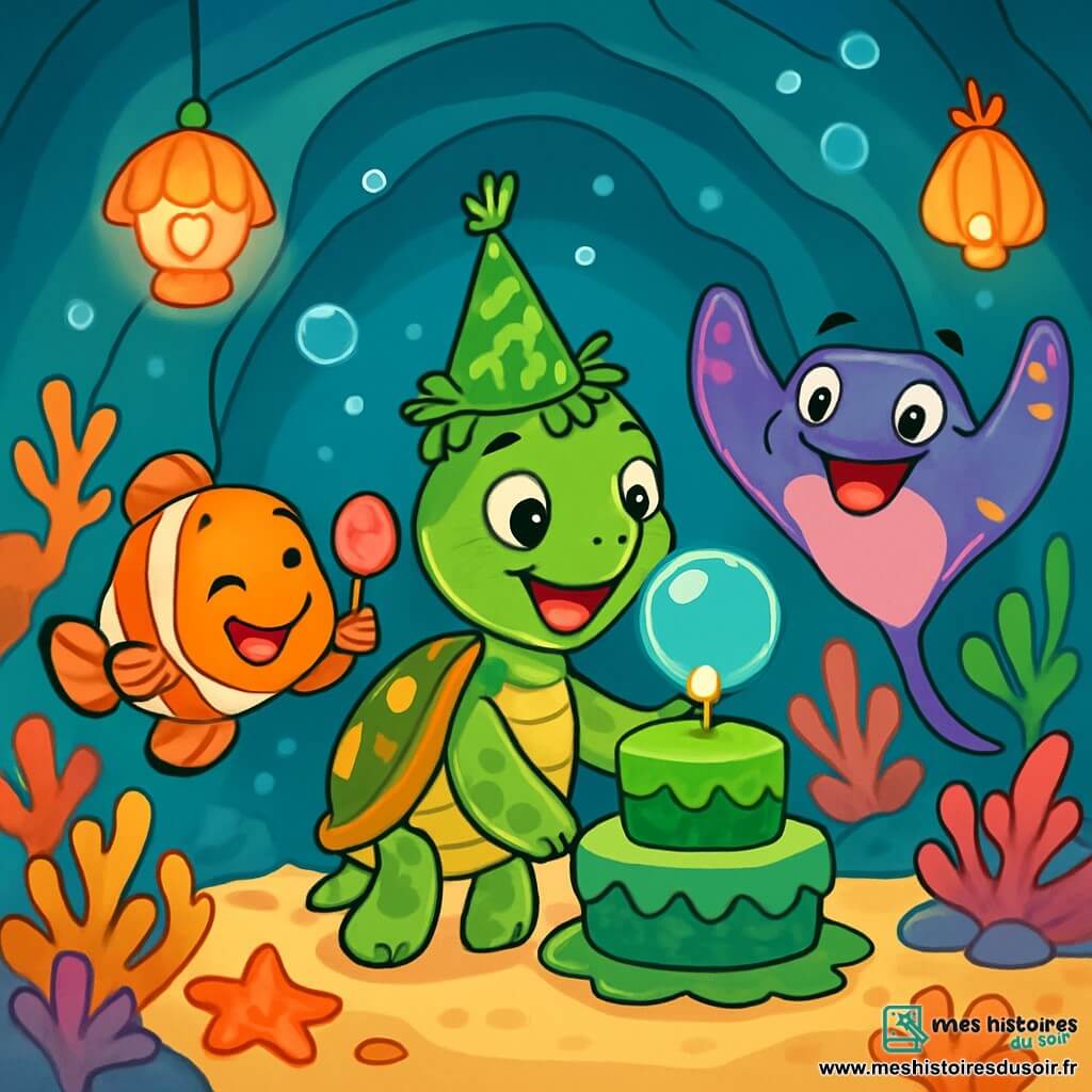 Timéo, une petite tortue de mer à la carapace brillante ornée de taches dorées, sourit joyeusement sous un chapeau décoré d'algues, soufflant sur une bulle posée sur un gâteau à l'algue. À sa droite, Rita la raie applaudit avec enthousiasme, tandis qu'à gauche, Pablo le poisson-clown danse en tenant un coquillage musical. Le décor est une grotte sous-marine illuminée par des lanternes en coquillage, ornée de coraux colorés et d'étoiles de mer. Timéo célèbre son anniversaire entouré de ses amis, avec rires, jeux et un magnifique gâteau, tandis que des éclats de lumière ajoutent à la magie du moment.