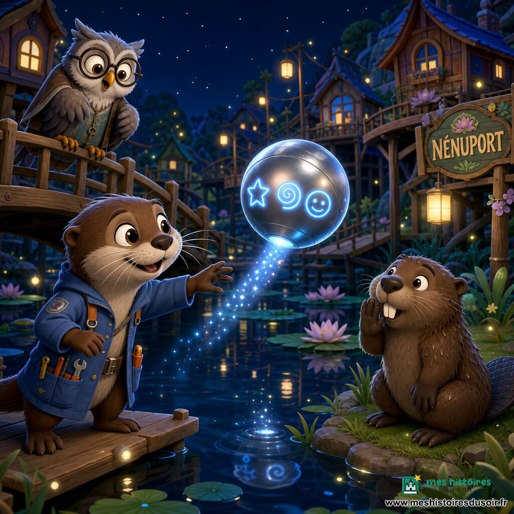 Mira, jeunne loutre de dix ans au pelage brun et veste bleue remplie d’outils, tend la main avec son tournevis Tourni vers une petite sphère extraterrestre métallique flottant au‑dessus de l’eau, surface argentée lisse et lueur bleue pulsante, trois symboles lumineux (étoile, spirale, sourire) projetés sur sa coque et un faisceau de points brillants dirigé vers la rive ; derrière elle, un vieux hibou bibliothécaire aux plumes grises et yeux ronds incliné sur un pont en bois observe la scène, un castor curieux se tient sur une berge, dents visibles et patte devant la bouche, tandis que l’étang central de Nénuport reste calme comme un miroir réfléchissant les lumières, nénuphars verts, maisons en bois colorées sur pilotis, petits ponts courbés et lampes à lucioles — une rencontre douce et magique nocturne, ambiance paisible aux tons bleu‑argentés rehaussés de touches chaudes.