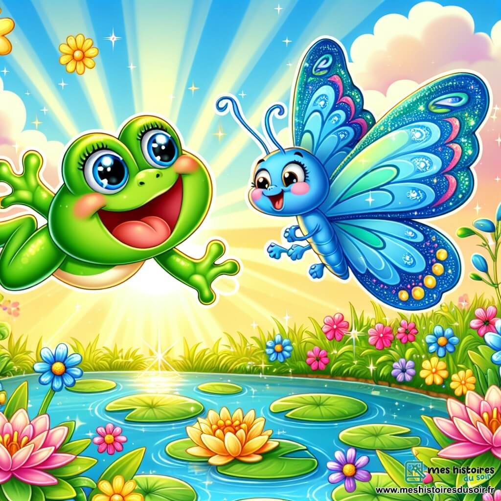Une grenouille verte et joyeuse, aux grands yeux brillants, vole dans les airs avec ses pattes allongées flottant derrière elle. À côté, un papillon bleu aux ailes scintillantes danse dans le vent, avec des motifs délicats. Le décor est une mare entourée de nénuphars roses et jaunes, reflétant le soleil sur l'eau claire, avec des fleurs colorées et des herbes vertes. La grenouille rit de bonheur en découvrant le monde d'en haut, tandis que le papillon l'encourage à explorer ce nouvel horizon magique.