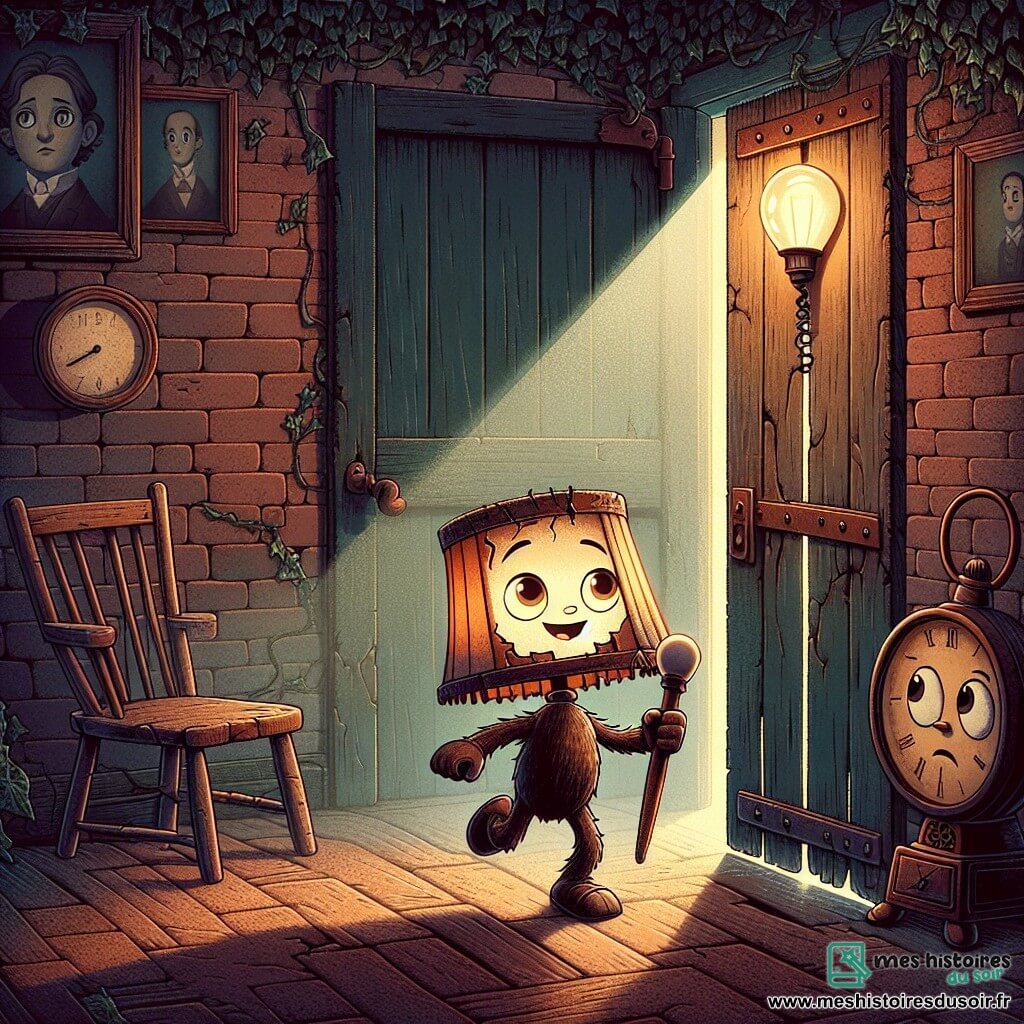 Léo, un lampadaire anthropomorphe avec un abat-jour déchiré et une ampoule clignotante, se tient devant une vieille porte en bois, ses yeux brillants d'excitation et d'appréhension. À ses côtés, une horloge au visage triste regarde Léo avec espoir, tandis qu'une chaise en bois soupire doucement, témoignant de nombreuses années d'attente. Dans une maison ancienne aux murs en briques recouverts de lierre, l'intérieur sombre est rempli de portraits dont les yeux semblent suivre Léo et ses amis. Léo, déterminé, est prêt à ouvrir la porte grinçante menant à un couloir obscur, avec des éclats de lumière illuminant les visages inquiets de l'horloge et de la chaise, tous trois sur le point de découvrir les mystères de la maison.
