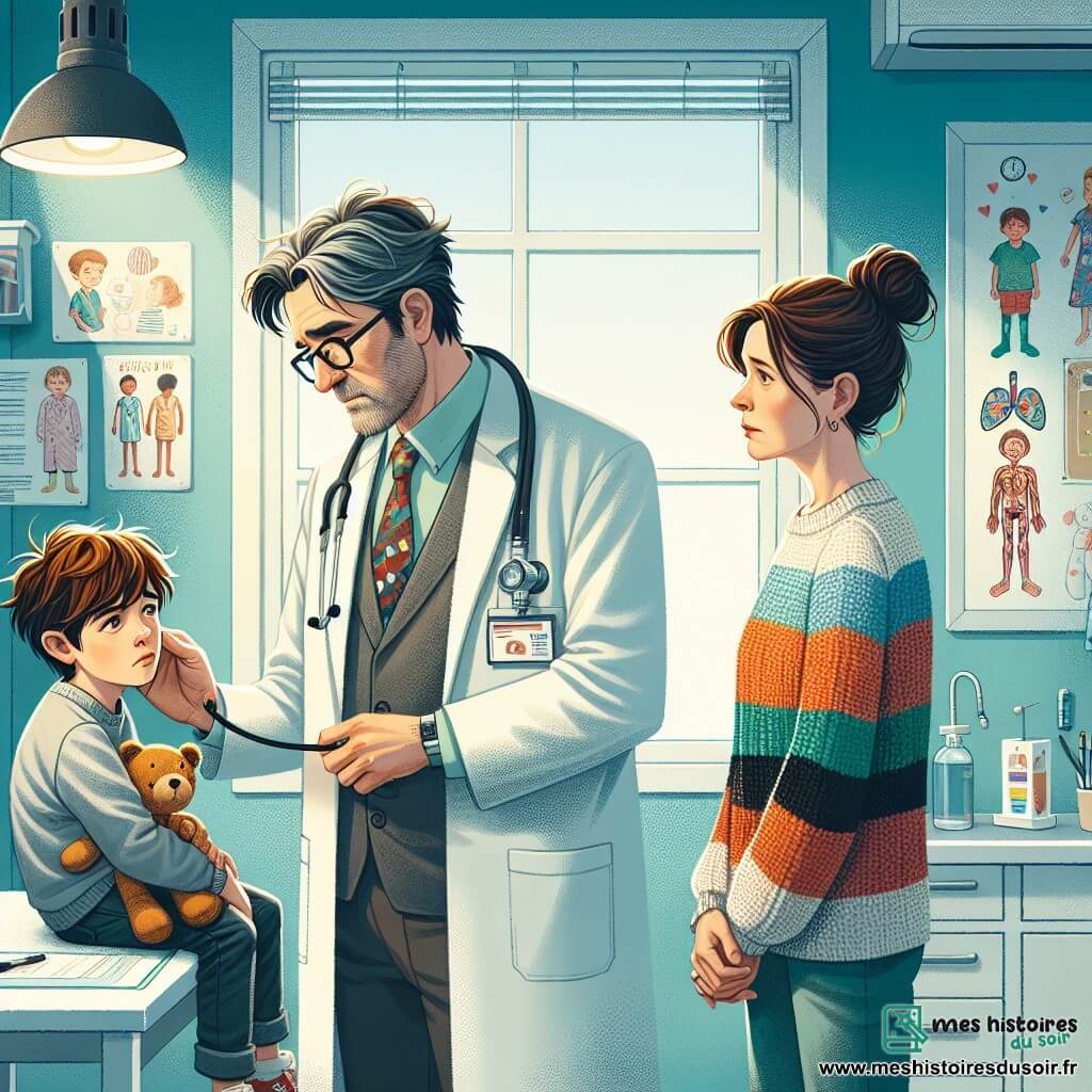 Le docteur Lucas Martin, un homme d'une quarantaine d'années aux cheveux bruns légèrement grisonnants et lunettes rondes, exprime bienveillance et concentration en examinant un jeune garçon. Max, douze ans, est allongé sur la table d'examen, inquiet mais curieux, tenant une peluche pour se rassurer. Sa mère, d'une trentaine d'années, observe avec inquiétude, ses cheveux bruns attachés en chignon. La scène se déroule dans une salle d'examen lumineuse d'hôpital, avec des murs bleu clair et des posters éducatifs. Le docteur Martin explique doucement à Max ce qui va se passer, tandis que sa mère regarde avec espoir, créant une atmosphère à la fois sérieuse et réconfortante.