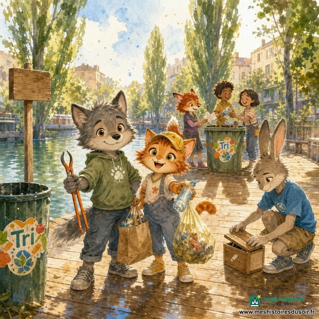 Lino, petit loup gris aux yeux noisette, tient une pince de nettoyage orange et un sac en papier sur un ponton en bois doré au bord d’un canal vert-bleu ; à ses côtés Inès, petite chatte rousse en casquette jaune, tient une bouteille et un sac de déchets, tandis que Mehdi, un lapin adolescent en t-shirt bleu, ferme une boîte à mégots ; derrière eux, une renarde et deux enfants ramassent des papiers et déposent des emballages dans une poubelle métallique verte marquée “Tri”, un petit panneau bois près de l’entrée indique “Ce ponton est partagé. Merci.” L’équipe, fière et sereine après le nettoyage, montre des sacs triés, gestes coopératifs et légers éclats d’eau et poussière aquarellés pour suggérer le mouvement.