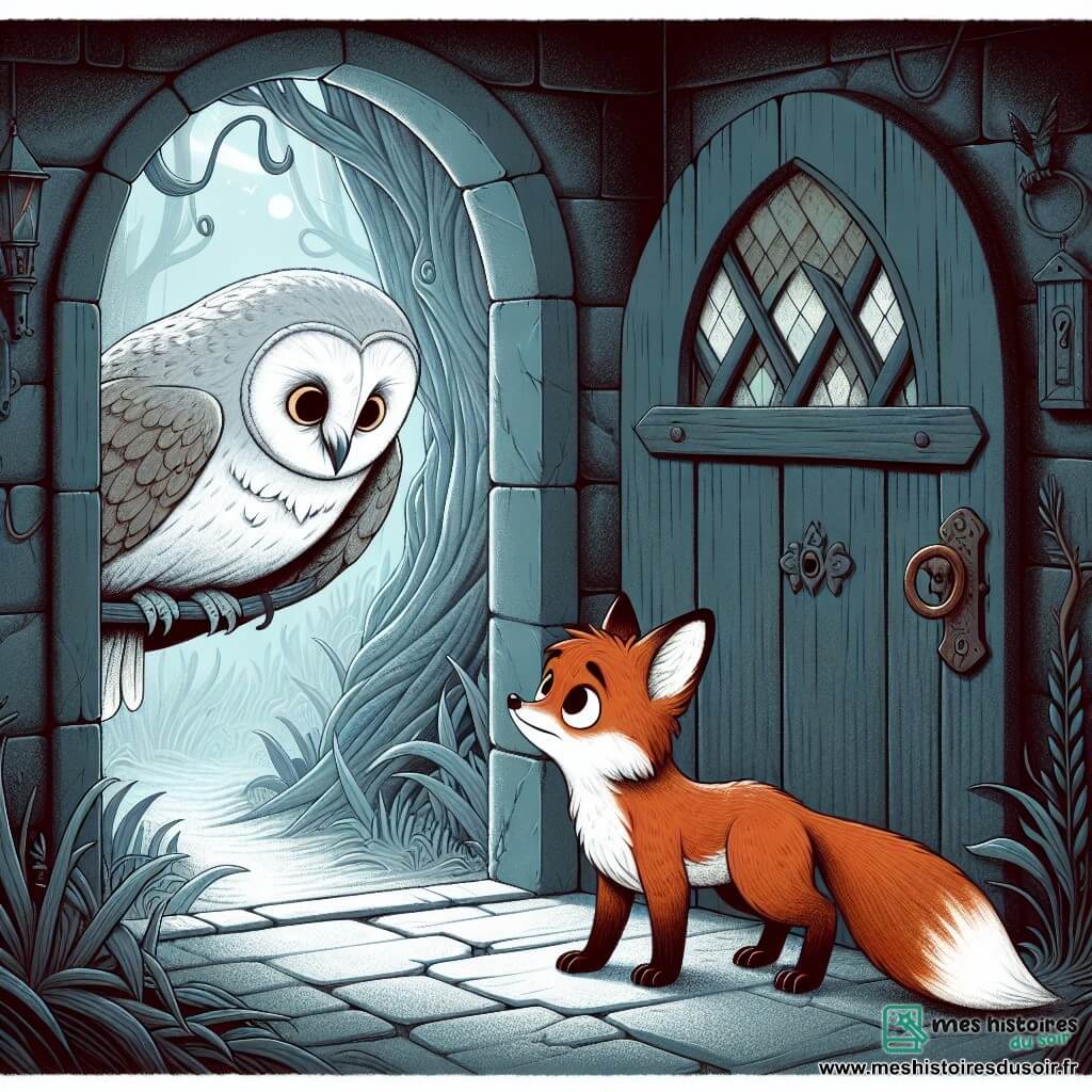 Un jeune renard nommé Lou, aux yeux pétillants et à la fourrure rousse, se tient devant la porte grinçante de la maison des Murmures. Curieux et appréhensif, il pose ses griffes sur la poignée en métal rouillé. À l'intérieur, un hibou immense nommé Athanor flotte, scrutant Lou avec sagesse depuis une branche d'arbre. La maison, faite de pierres sombres et de vitraux décolorés, est enveloppée d'une brume épaisse, créant une atmosphère mystérieuse. Des toiles d'araignée pendent et des ombres dansent sur les murs, ajoutant une touche d'angoisse. Lou hésite à entrer dans cette demeure hantée, où des secrets oubliés l'attendent.