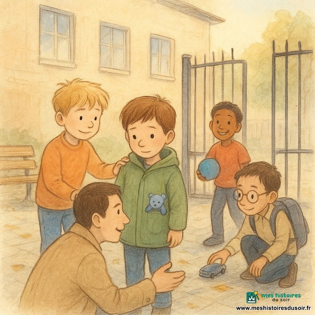 Cinq personnages dans une cour d'école pavée après la récréation : Malo, ~7 ans, châtain court, un doudou bleu dans la poche de son manteau vert, au centre, timide et regardant la grille ; Basile, ~7 ans, blond en bataille, sourire rassurant, à gauche de Malo, main sur son épaule ; Yanis, ~7 ans, peau mate, t-shirt rouge, riant et tenant un petit ballon bleu, légèrement en arrière à droite ; Léo, ~7 ans, lunettes rondes, sac à dos gris, accroupi à droite près de Yanis en train d'observer une voiture ; Papa, 35–40 ans, cheveux bruns courts, manteau beige, accroupi à l'extérieur de la cour face à Malo, bras tendu pour lui prendre la main. Au fond, une grille noire en fer, un banc en bois à gauche, feuilles humides au sol et un grand bâtiment d'école crème aux grandes fenêtres ; ciel clair, soleil bas et ombres longues. Scène tendre et calme d'accueil, expressions douces et gestes de soutien, palette chaude aux tons pastels, textures crayons avec touches d'aquarelle translucide pour la lumière.