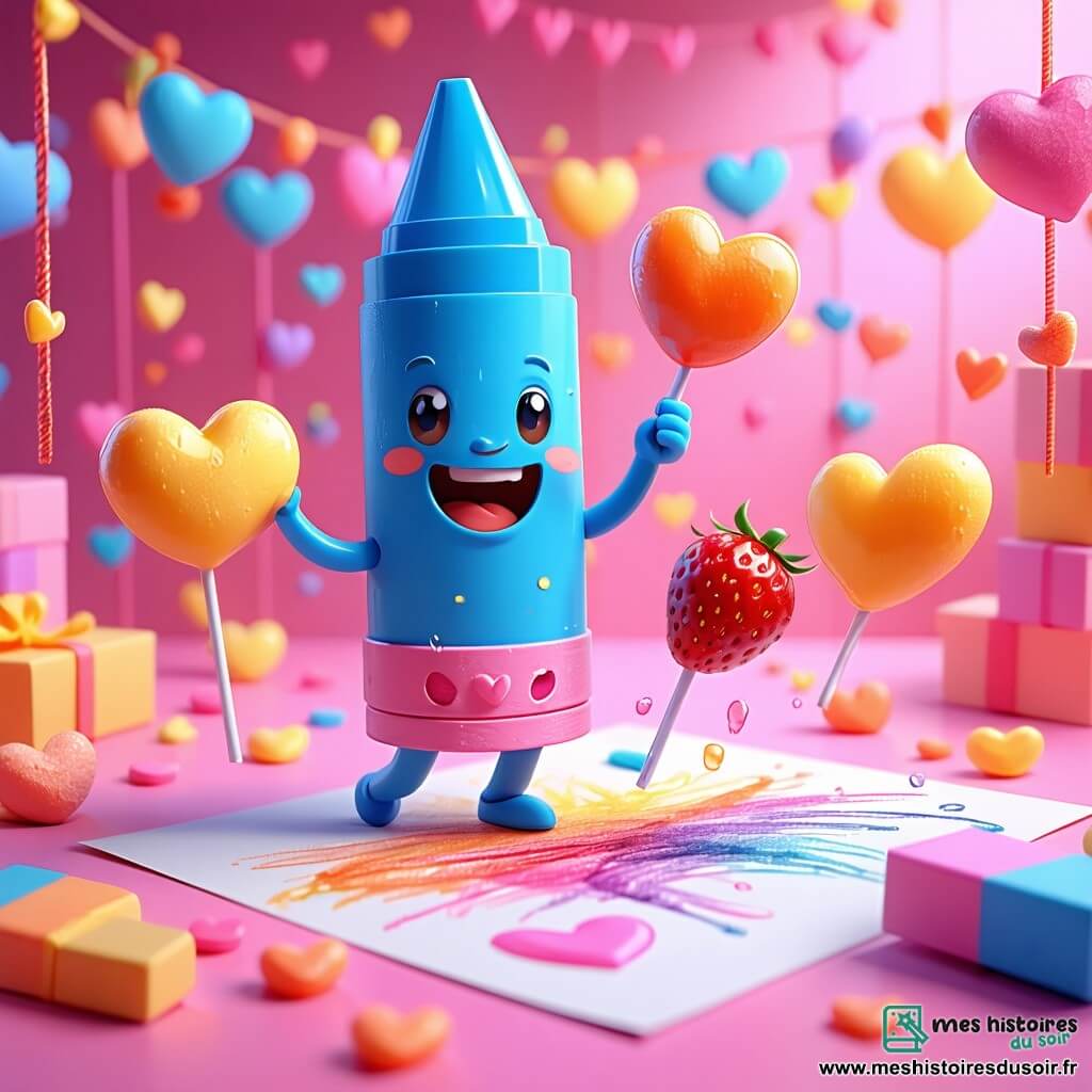 Léo, un crayon bleu souriant, dessine des cœurs colorés sur une feuille rose, entouré de guirlandes en papier crépon. Zoé, une gomme rose joyeuse, saute en tenant un bonbon en forme de fraise. Gaston, un taille-crayon orange, jongle avec des copeaux de bois colorés près d'une table décorée de confettis. La scène se déroule dans une cuisine lumineuse, avec des rayons de soleil illuminant un gâteau en forme de cœur. Léo et ses amis s’amusent à préparer des cartes de Saint-Valentin, partageant rires et joie dans une atmosphère festive.