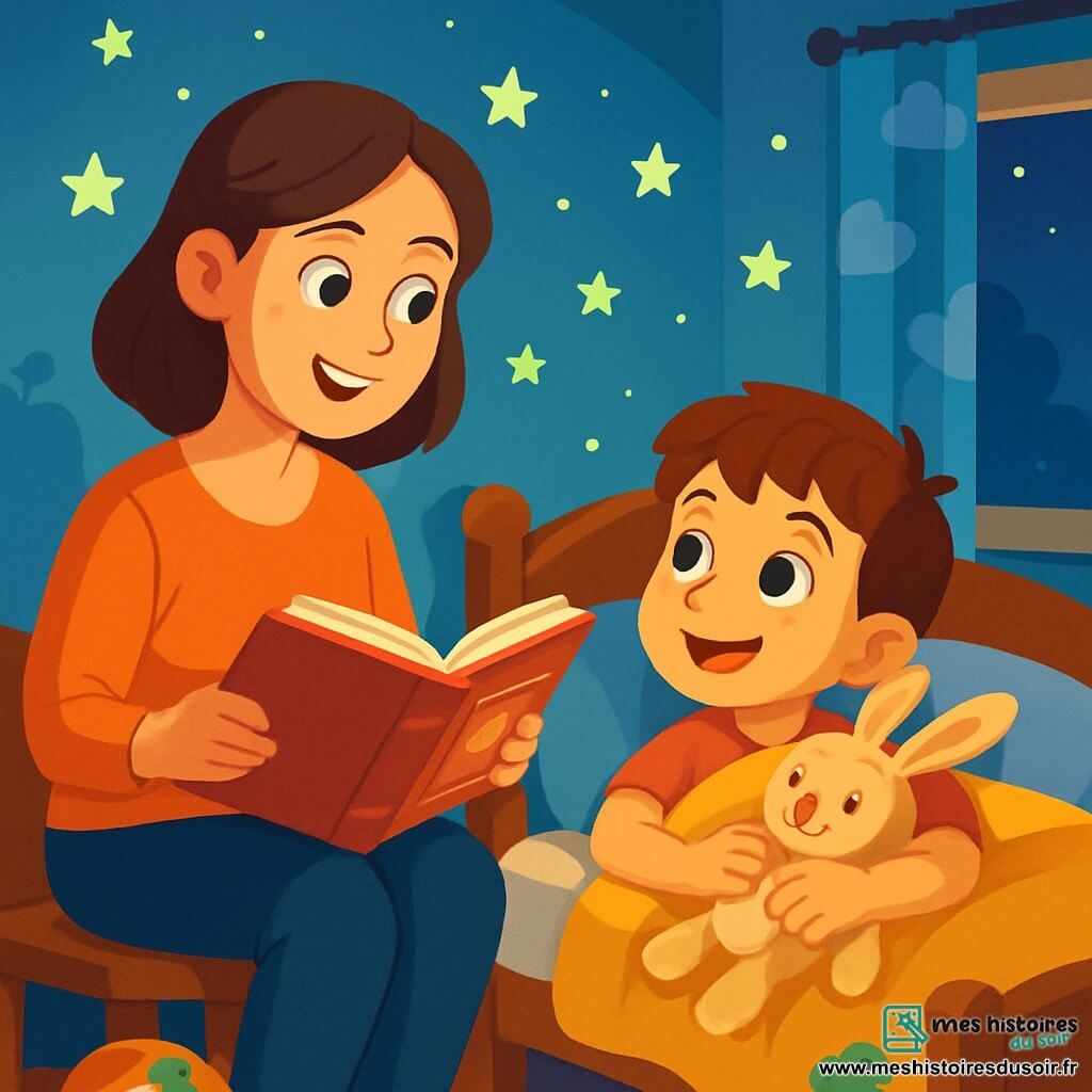 Un garçon de 6 ans, Thomas, aux cheveux châtains et aux yeux pétillants, est allongé dans son lit, un sourire émerveillé sur le visage, tenant son doudou lapin en peluche. Sa maman, une femme souriante d'une trentaine d'années, est assise sur le bord du lit et lui lit une histoire avec tendresse. La chambre est chaleureuse, avec des murs bleu clair, des jouets sur le sol et des rideaux à motifs de nuages. Un éclairage tamisé crée une ambiance réconfortante. Thomas, apaisé et curieux, regarde les étoiles brillantes au-dessus de lui, transformant la peur du noir en un moment magique et rassurant.