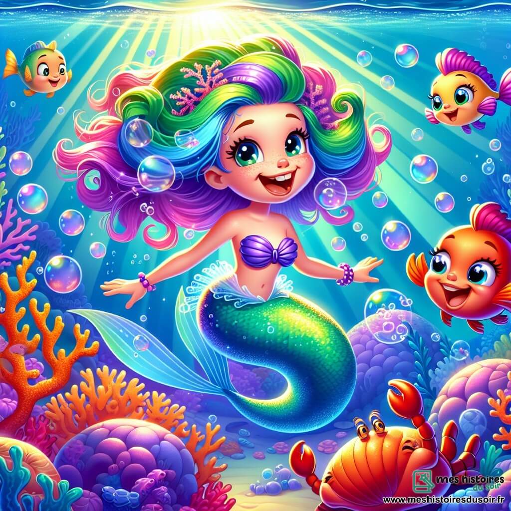 Au centre de l'image, Lila, une sirène aux cheveux en algues multicolores, sourit malicieusement. Sa queue de poisson scintille avec des écailles dorées. Elle chante joyeusement, entourée de bulles d'air. À ses côtés, Bubbles, un petit poisson rouge, nage avec enthousiasme. En arrière-plan, des crabes colorés, cachés derrière des rochers en corail, observent la scène, amusés. Le décor est un jardin de corail vibrant, illuminé par des rayons de lumière dorée. Lila et Bubbles chantent ensemble, prêts à partir à l'aventure à la recherche du trésor perdu du Capitaine Grignote.
