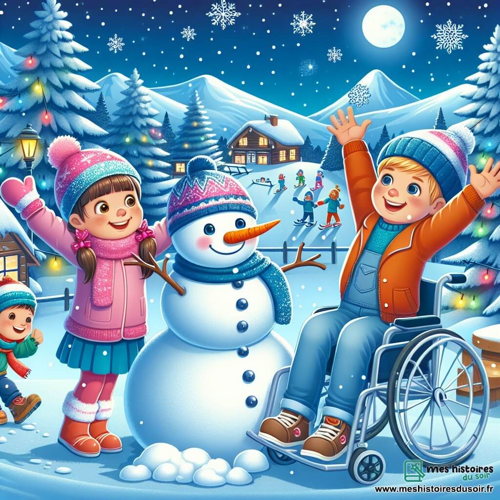 Trois amis, Léa, Tom et Max, sont réunis pour célébrer le Nouvel An. Léa, 8 ans, sourit en tenant un bonhomme de neige, Tom, 9 ans, lève les bras, excité, et Max, également 8 ans et en fauteuil roulant, sourit en tenant une carotte pour le nez du bonhomme. Ils sont dans une station de ski magique, entourés de sapins enneigés et sous un ciel bleu avec des flocons de neige. Leur activité symbolise leur amitié et la magie de cette nuit spéciale.