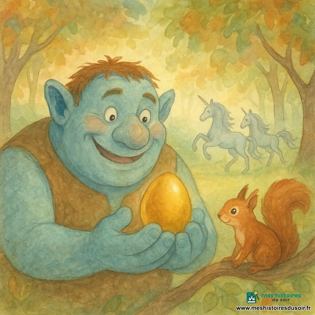 Grimaldo, un ogre aux mains bleu ciel et un large sourire, tient un œuf doré brillant avec émerveillement. À ses côtés, un écureuil curieux l'observe depuis une branche. En arrière-plan, des licornes argentées dansent dans une clairière lumineuse. La scène se passe dans la Forêt Chantante, où les arbres multicolores vibrent au rythme d'une mélodie enchantée. L'atmosphère est empreinte de découverte et de magie.