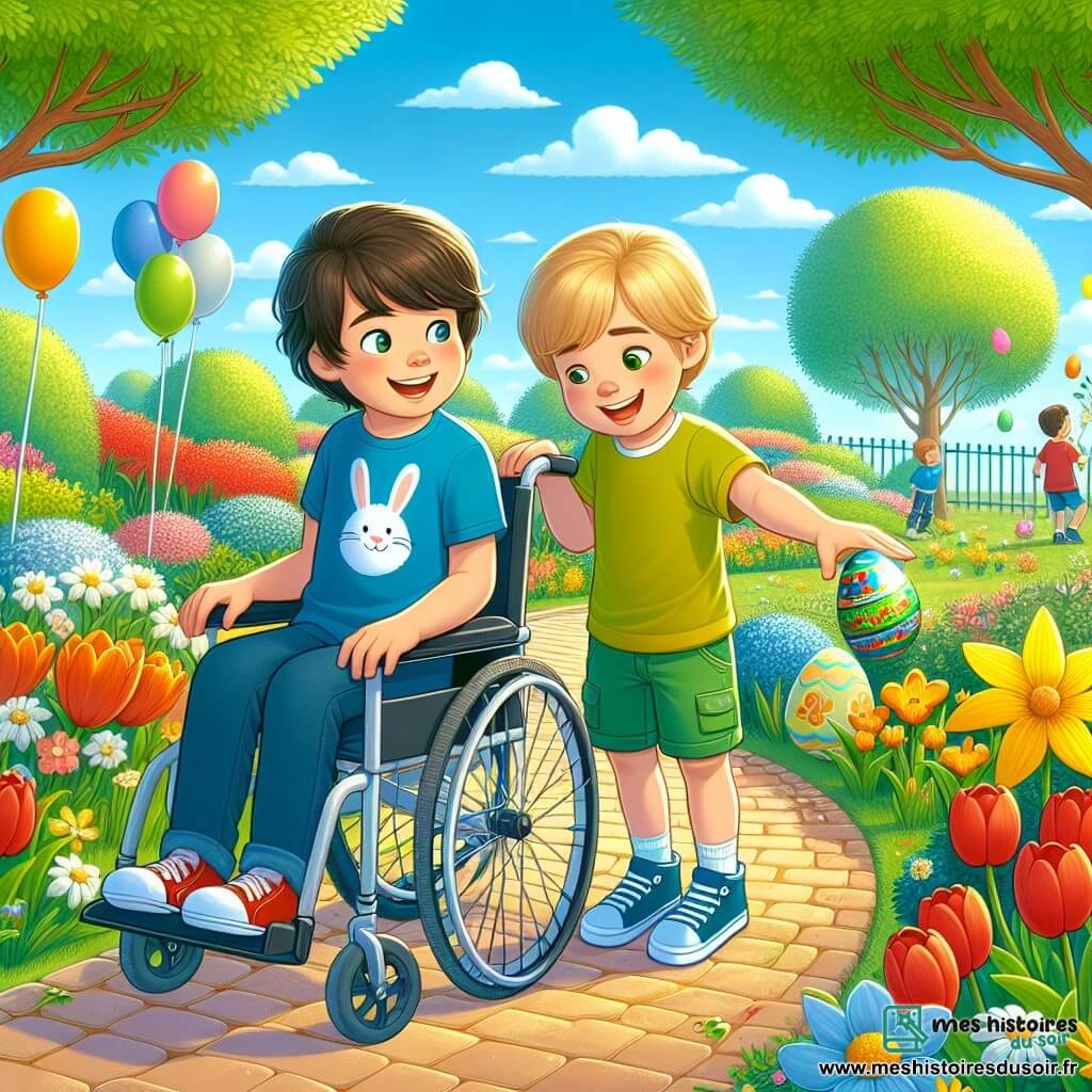 Dans un parc ensoleillé, deux garçons, Tom, 8 ans, en fauteuil roulant avec un t-shirt bleu, et Lucas, 7 ans, en short vert et t-shirt jaune, chassent des œufs de Pâques. Le parc est fleuri avec des tulipes, marguerites et jonquilles, et des arbres verts bordent le chemin. Ils découvrent un œuf de Pâques brillant sous un arbre et se dirigent vers la plus belle fleur du parc, dans une ambiance joyeuse.