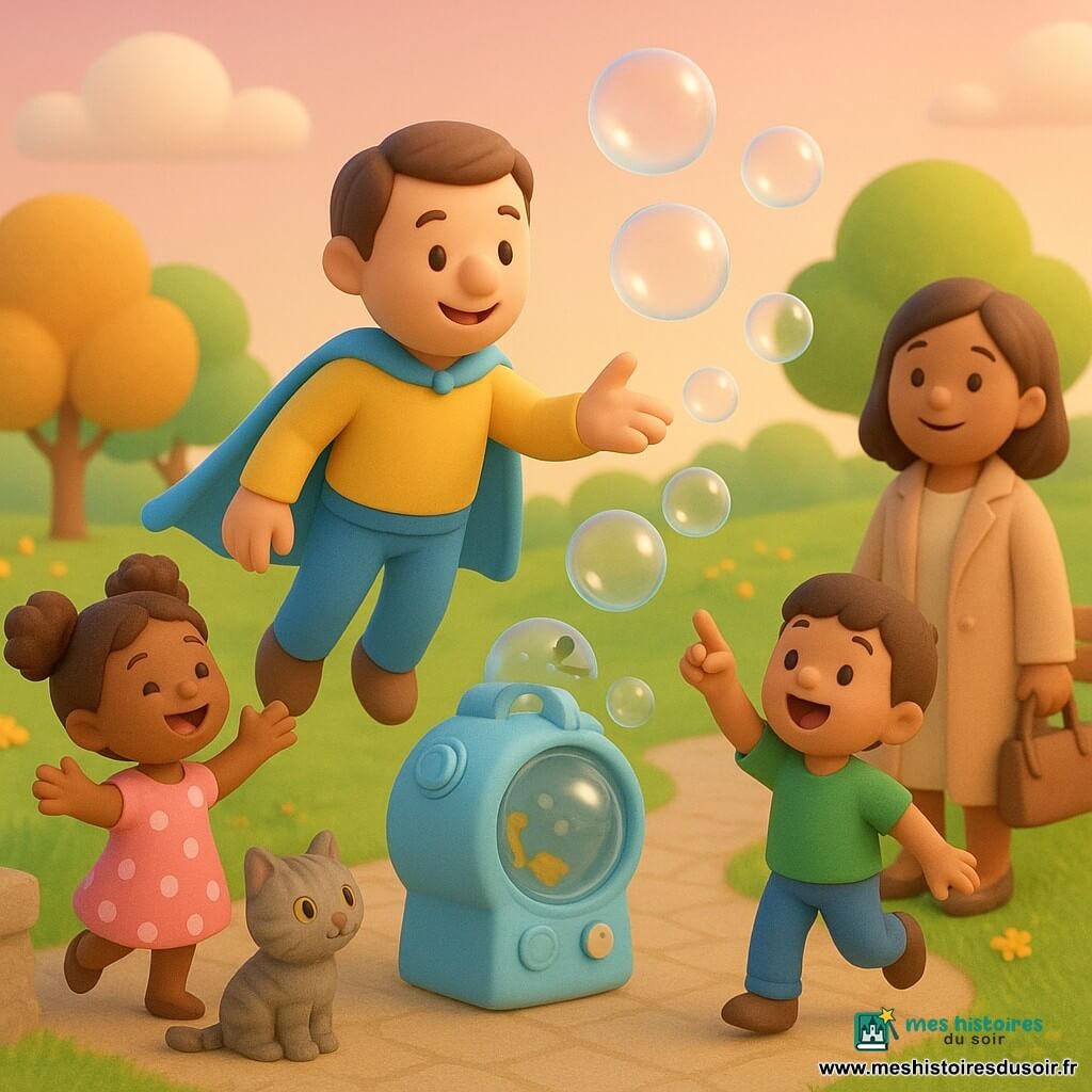 Max le Rayonnant, sourire rassurant, cheveux bruns courts, cape bleu ciel et costume jaune et bleu, descend en volant la main tendue vers une grande machine à bulles qu'il répare; une fillette d'environ 5 ans en robe rose à pois blancs court en riant à gauche pour attraper les bulles, un garçon d'environ 6 ans en t-shirt vert saute et pointe les bulles à droite près d'un banc, une femme d'une quarantaine d'années en manteau beige les regarde soulagée depuis un chemin pavé, le chat Grisou, petit tigré aux yeux verts, observe perché sur un muret; décor : parc au crépuscule avec pelouse verte, arbres ronds et fleurs jaunes, ciel pastel; ambiance douce et joyeuse, bulles géantes translucides et esthétique de figurines 3D mignonnes.