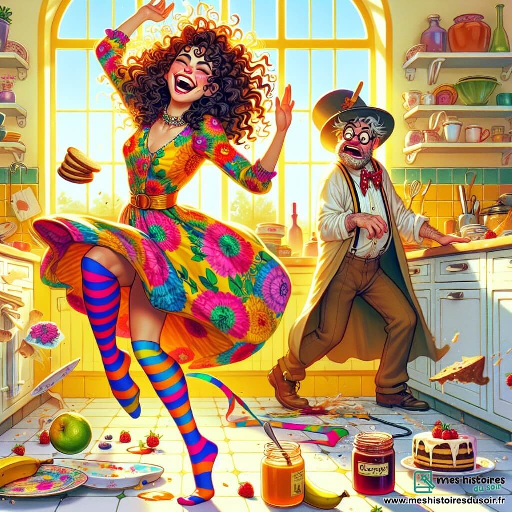 Mélodie, une femme joyeuse d'une trentaine d'années aux longs cheveux bouclés et colorés, danse dans sa cuisine ensoleillée, portant une robe fleurie et des chaussettes rayées. À ses côtés, Gloup, un homme maladroit d'une quarantaine d'années avec un grand chapeau, essaie d'éviter une assiette qui vole, surpris. Grincheux, un homme d'une cinquantaine d'années avec une expression boudeuse, trébuche sur une banane, un gâteau sur la tête, tout en tentant de sourire. La cuisine est lumineuse et colorée, avec des murs jaunes et des objets volants créant une ambiance festive. Mélodie fait voler les objets par sa danse, provoquant rires et joie, tandis que Gloup et Grincheux essaient de suivre le rythme.